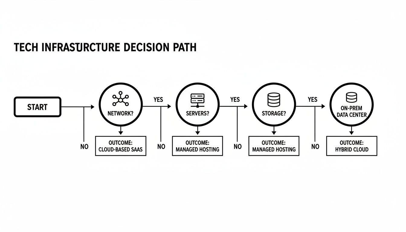 Flowchart illustrating the tech infrastructure decision path from start to various outcomes.