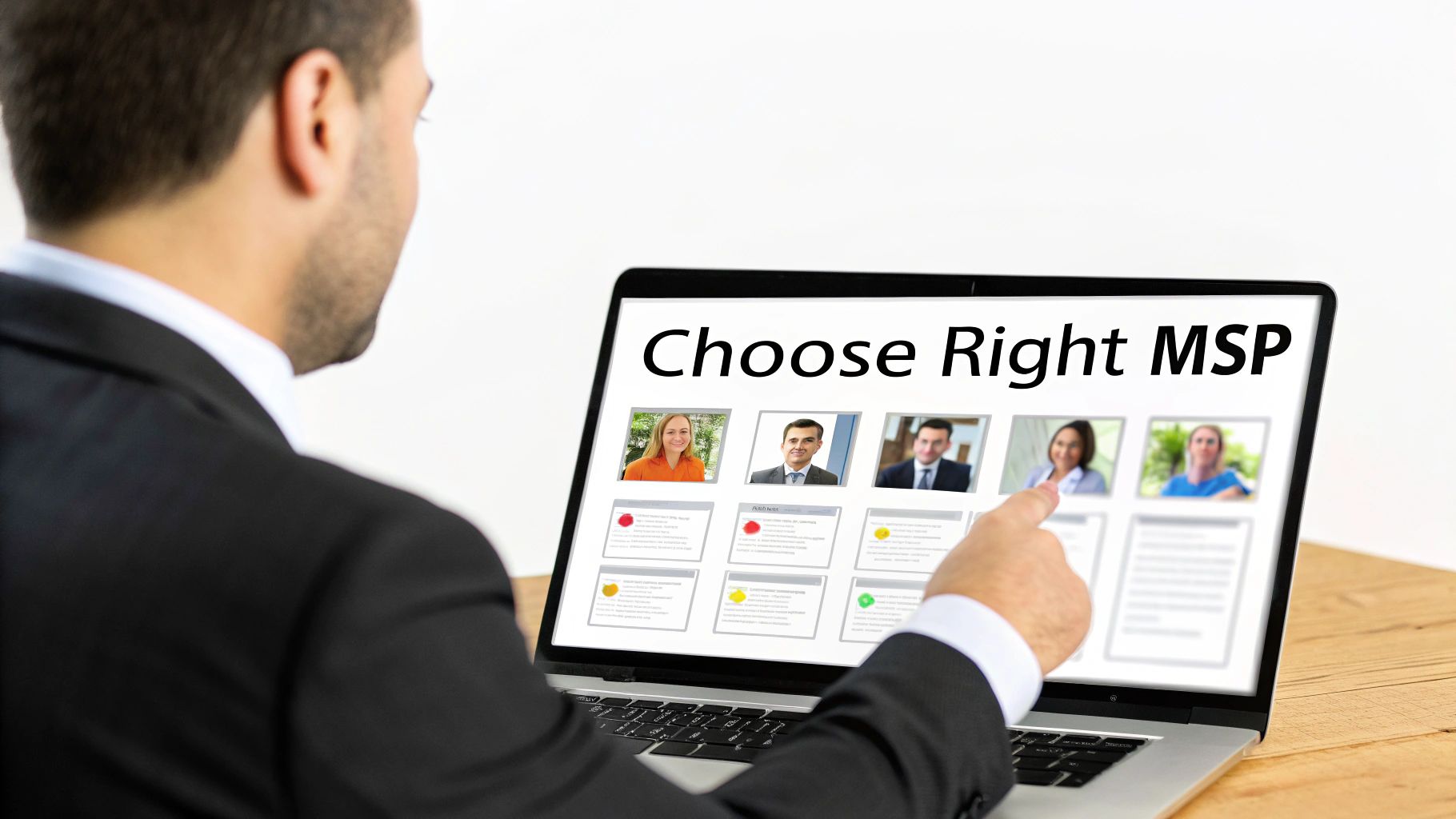 A man points at a laptop screen showing 'Choose Right MSP' and multiple service provider profiles.