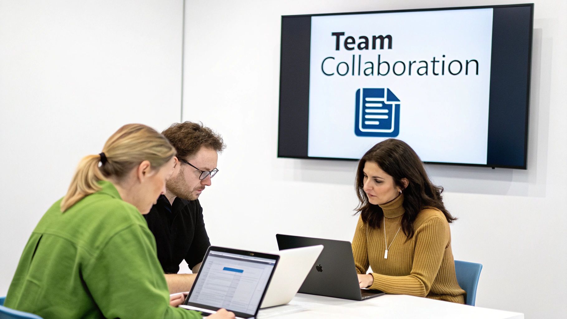 Three professionals collaborate in a modern meeting room, working on laptops with a 'Team Collaboration' screen.