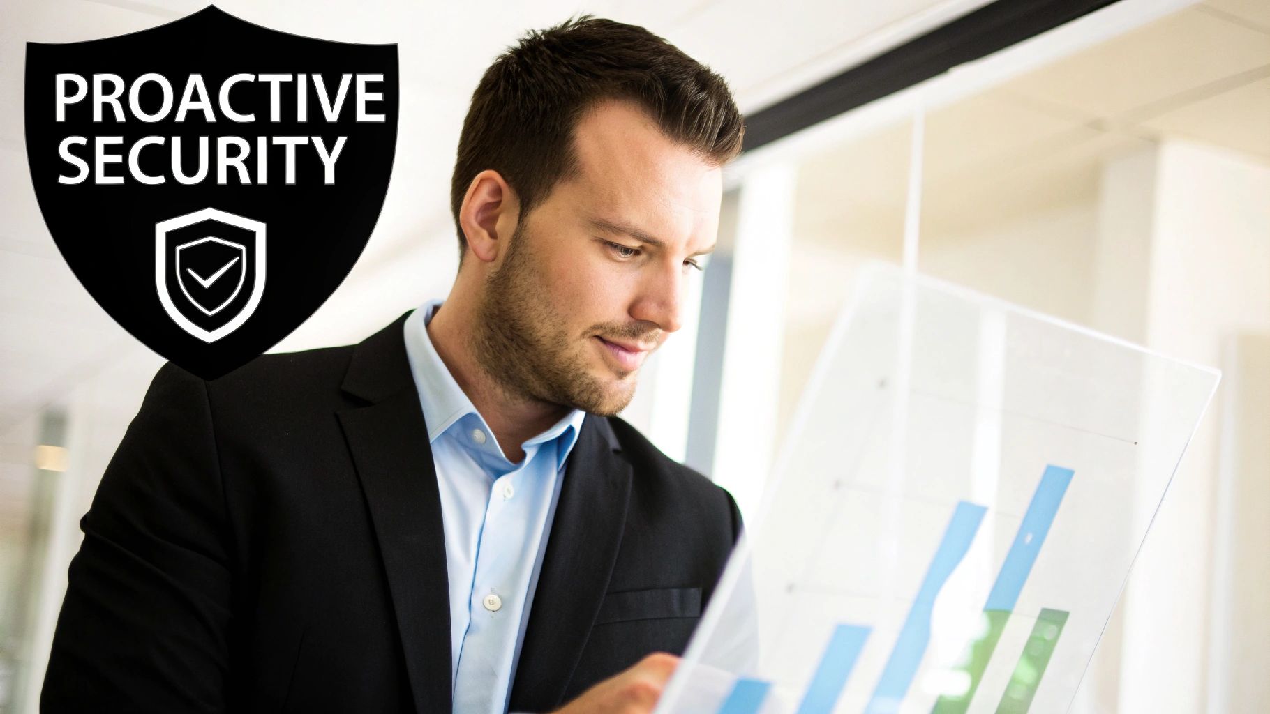 A man in a suit looks at a bar chart, with a 'Proactive Security' shield.