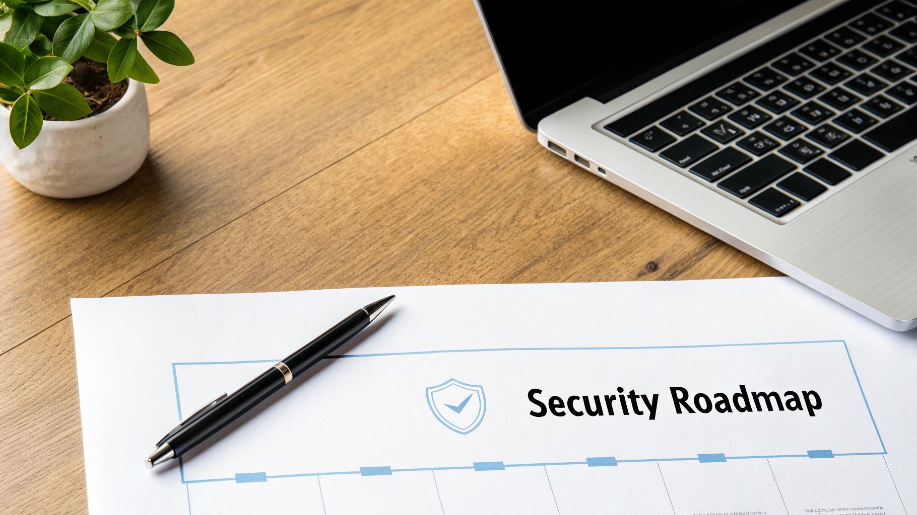 Overhead view of a wooden desk with a laptop, potted plant, pen, and 'Security Roadmap' document.