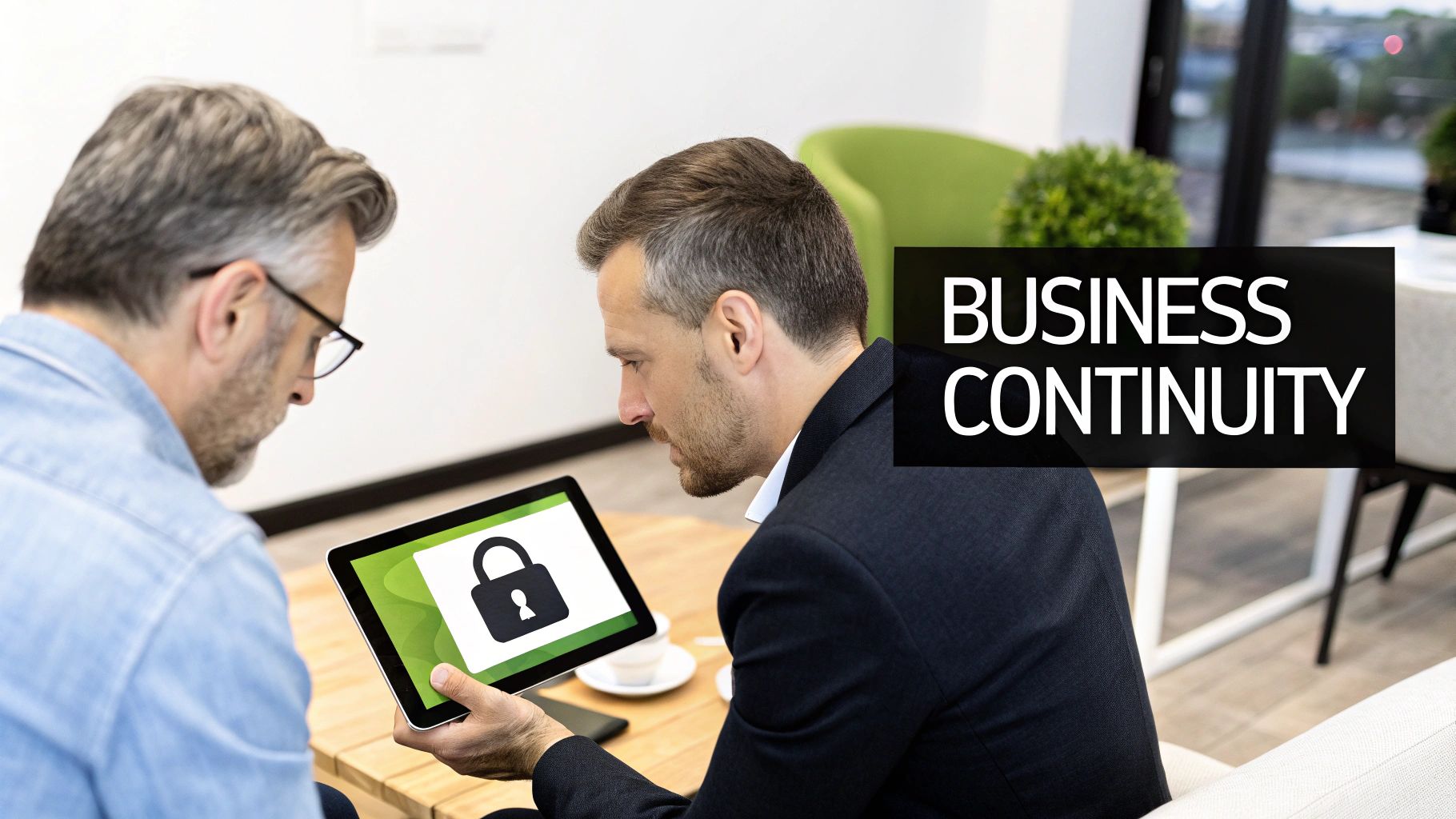 Two men discussing business continuity and data security, looking at a tablet with a padlock icon.