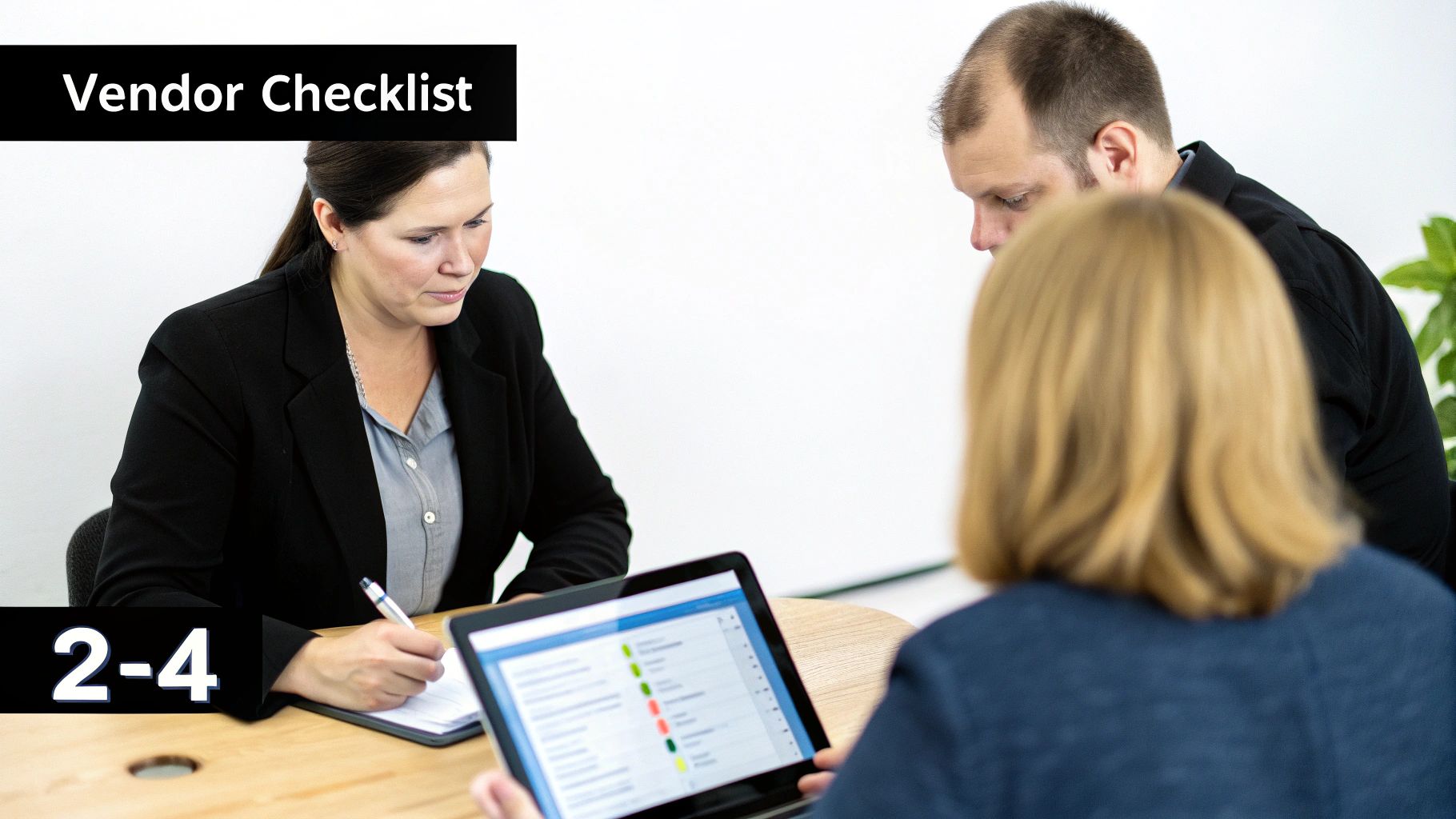 Three professionals review a vendor checklist on a laptop and notepad in a modern office setting.