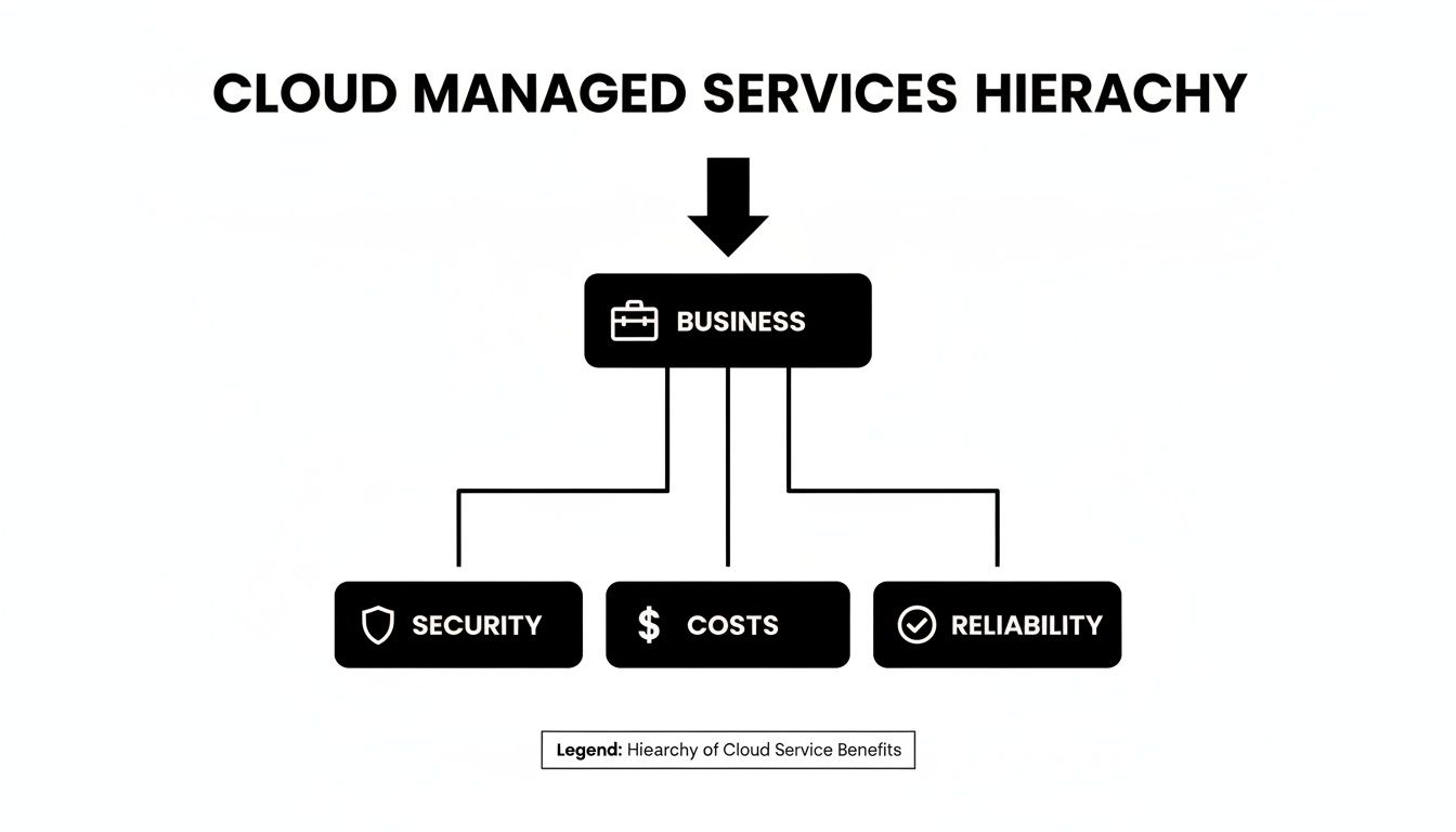 Diagram illustrating the hierarchy of cloud managed services benefits, showing business supported by security, costs, and reliability.