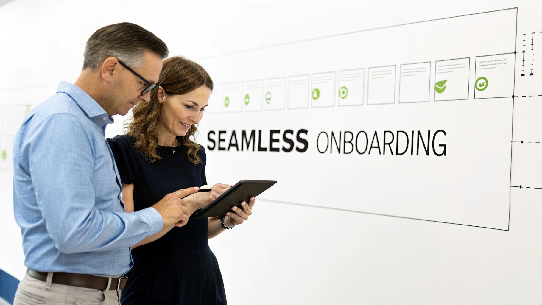 Two business professionals, a man and a woman, collaborating on a tablet in front of a "Seamless Onboarding" wall.