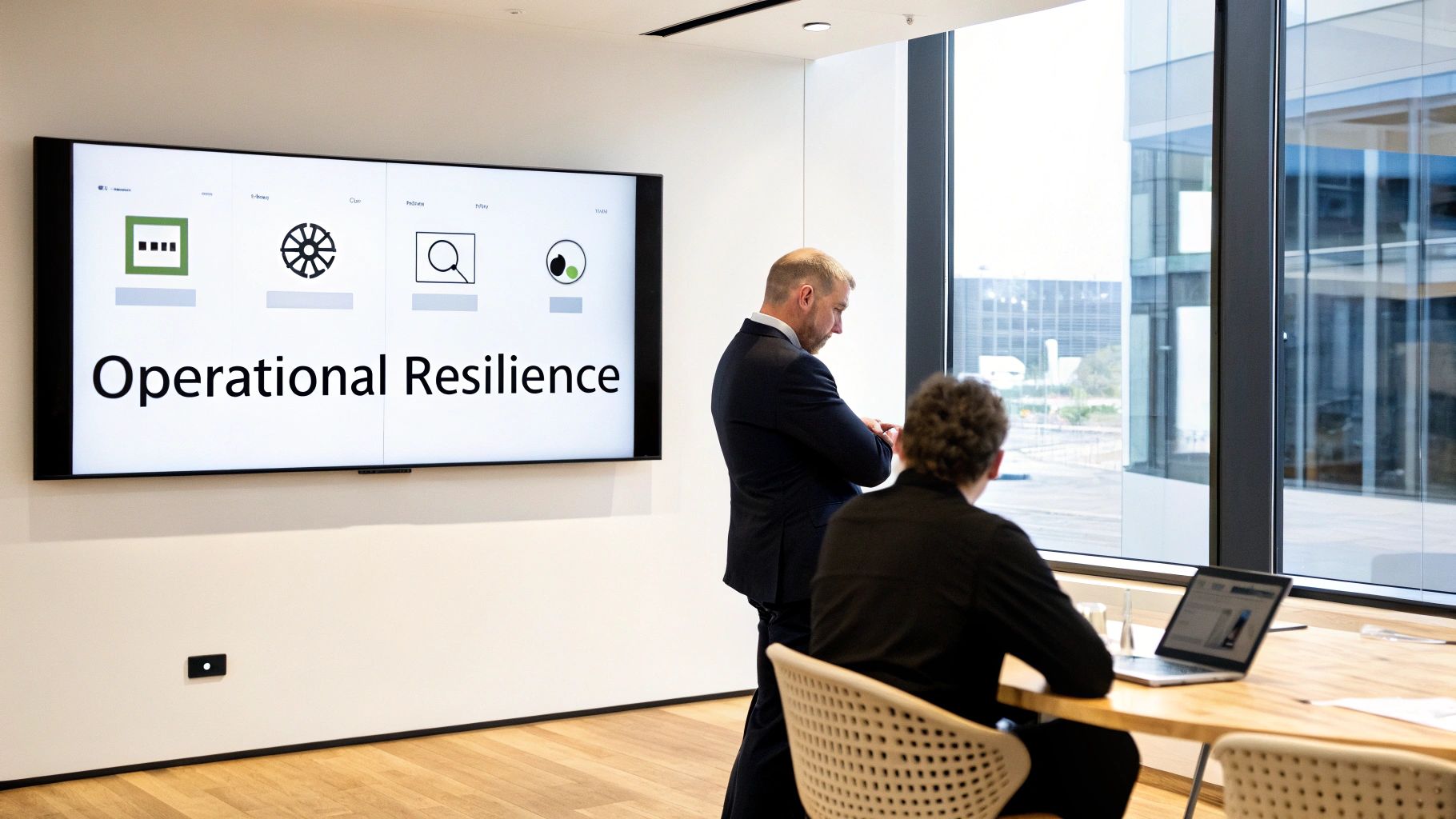 Two men in a modern office, one standing, the other at a laptop, with a screen displaying 'Operational Resilience'.