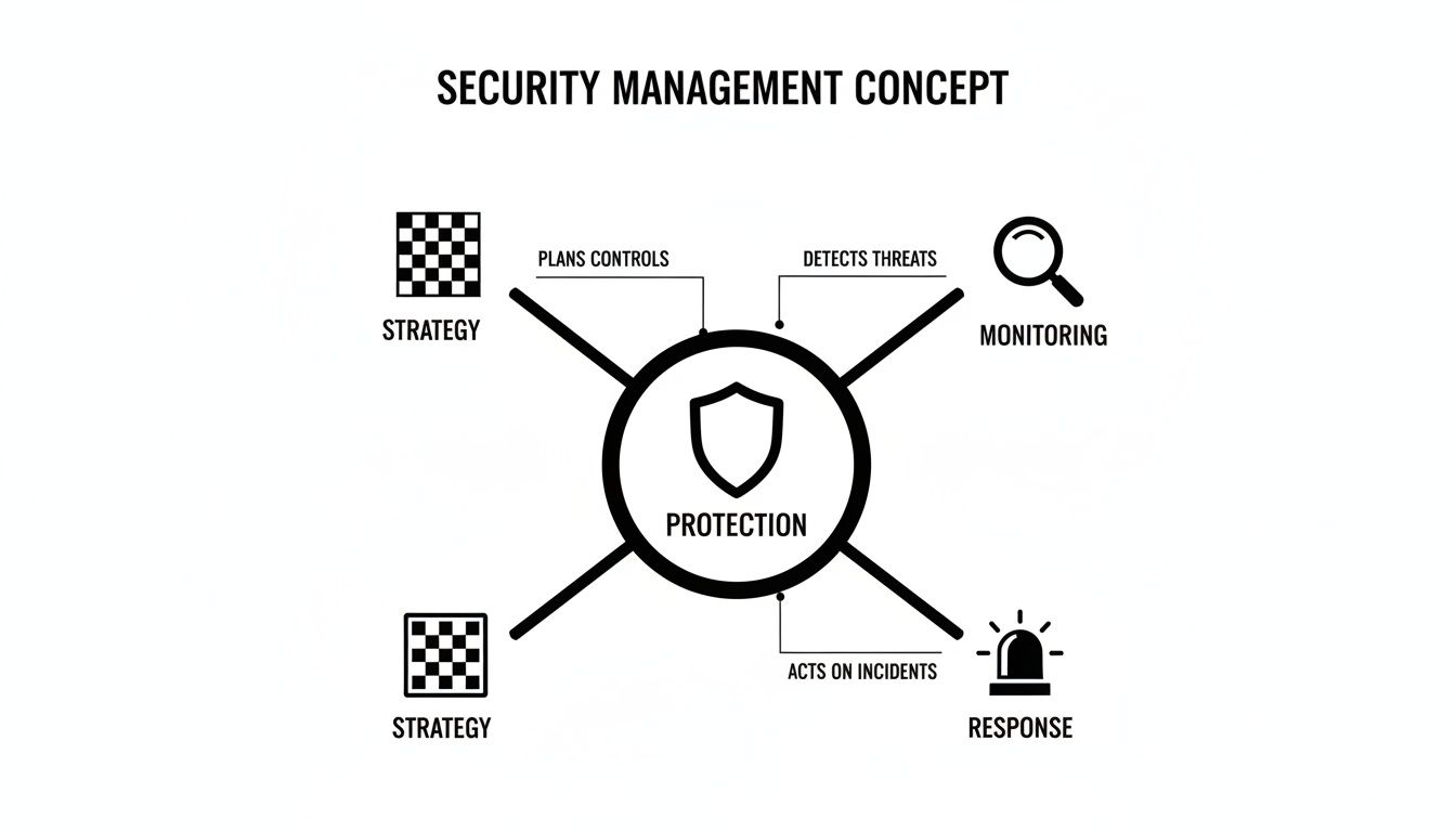 Diagram illustrating the security management concept with protection at its core, connected to strategy, monitoring, and response.