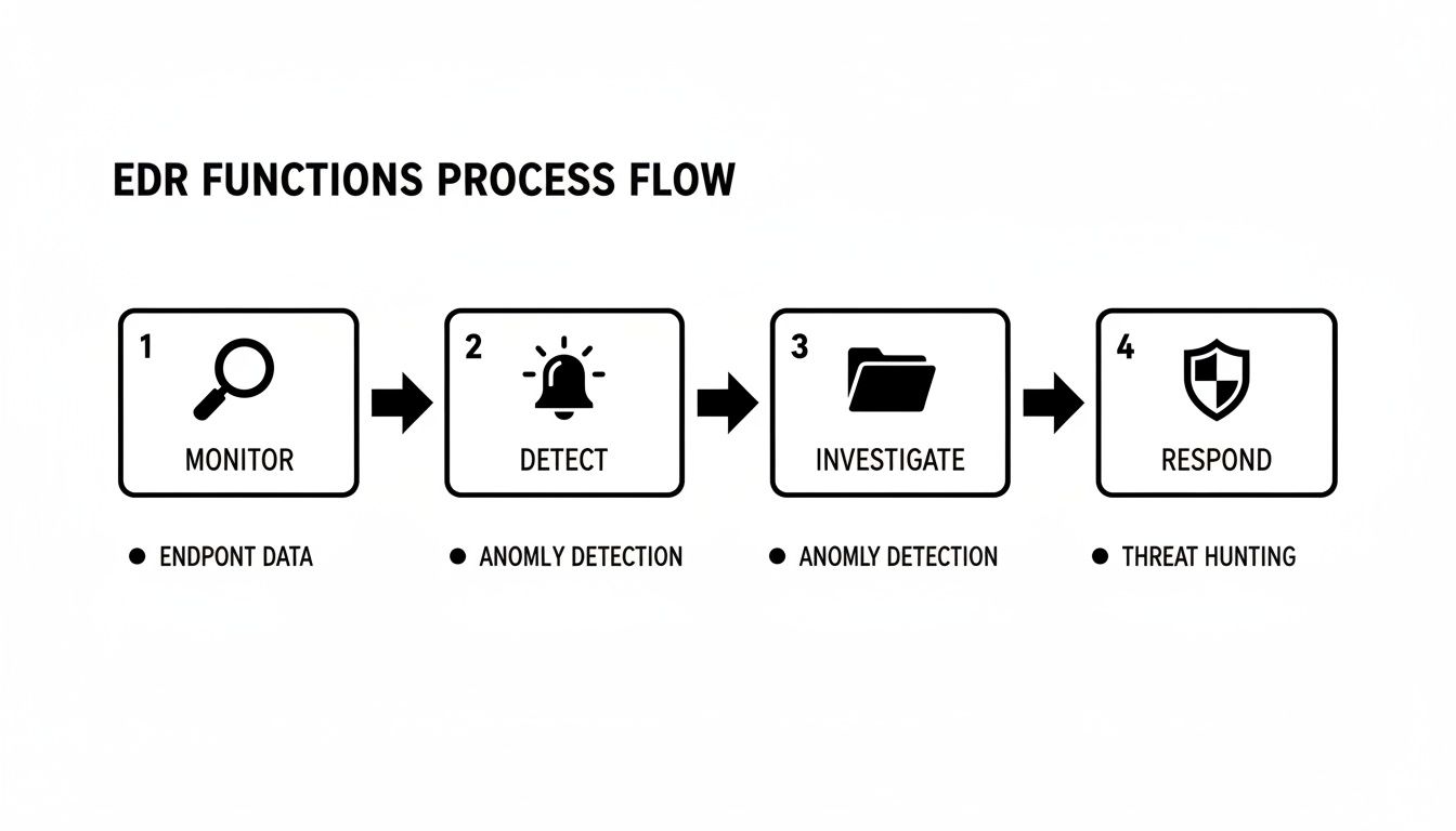 A four-step EDR functions process flow diagram: Monitor, Detect, Investigate, and Respond.