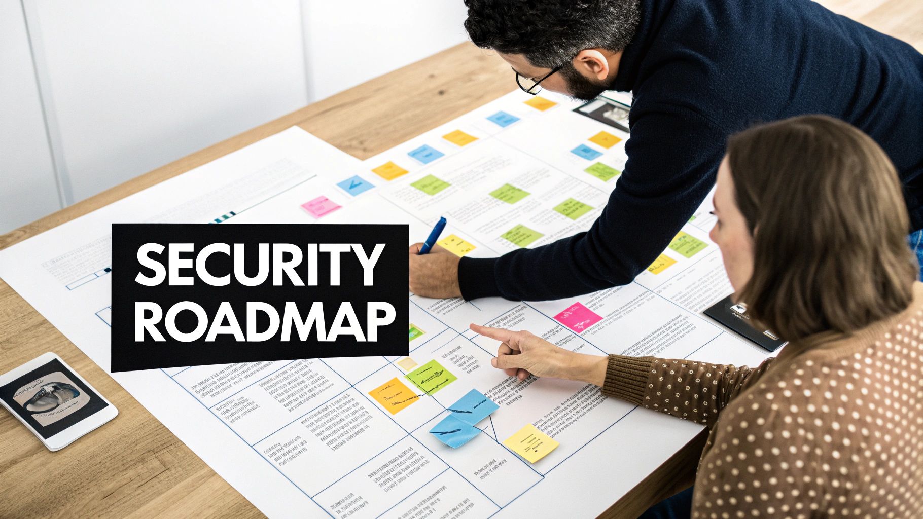 Two people collaborate on a large security roadmap, marked with colorful sticky notes and handwritten plans.