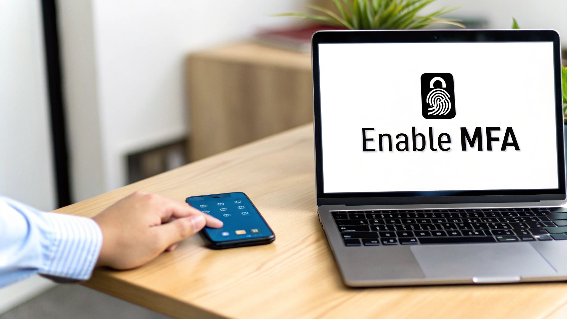 A hand interacts with a smartphone while a laptop screen displays 'Enable MFA' with a fingerprint lock icon.