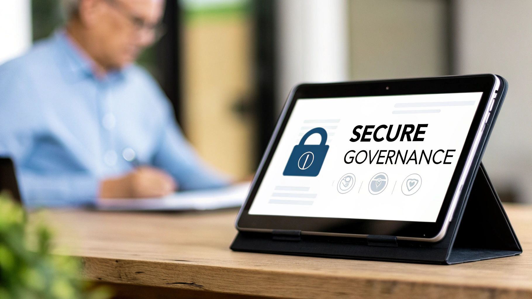 A tablet screen displays 'SECURE GOVERNANCE' with a lock icon on a wooden desk, with a blurred person working in the background.