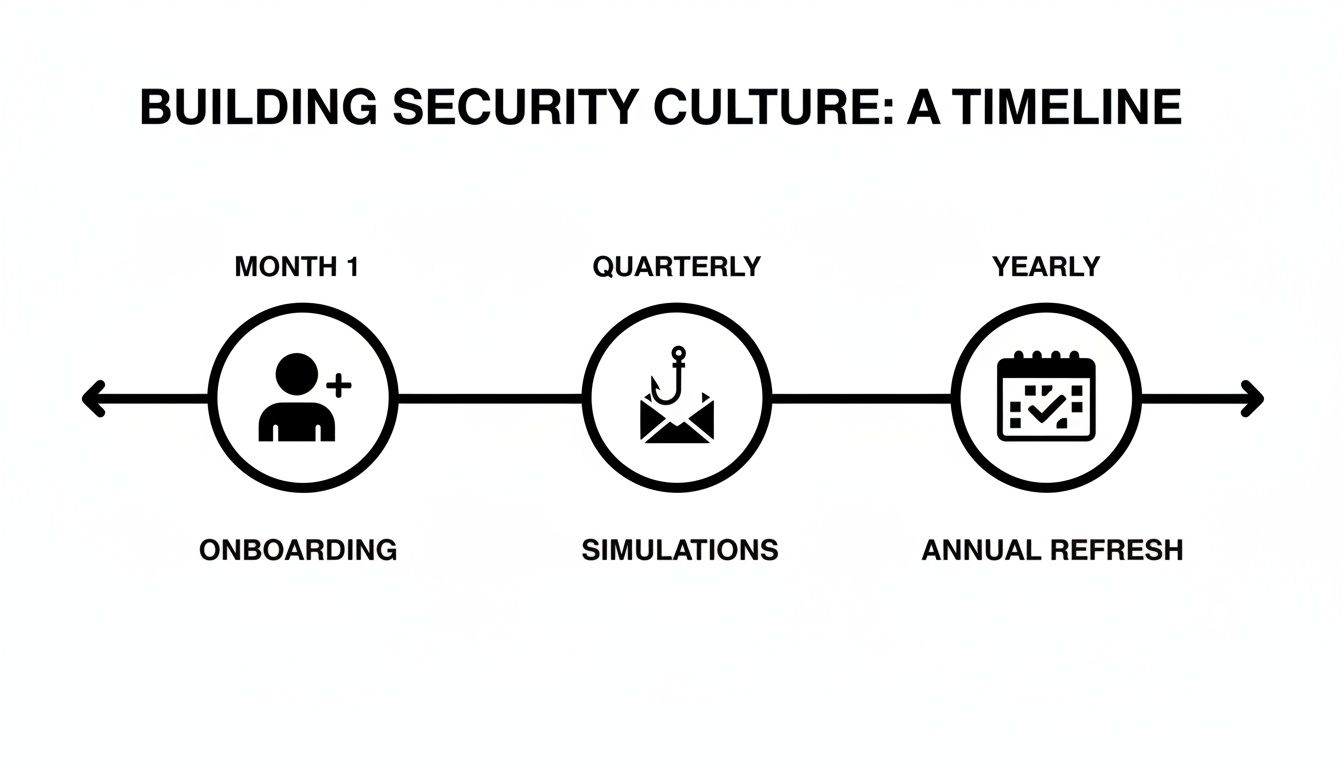 A timeline for building security culture, showing onboarding, simulations, and annual refresh stages.