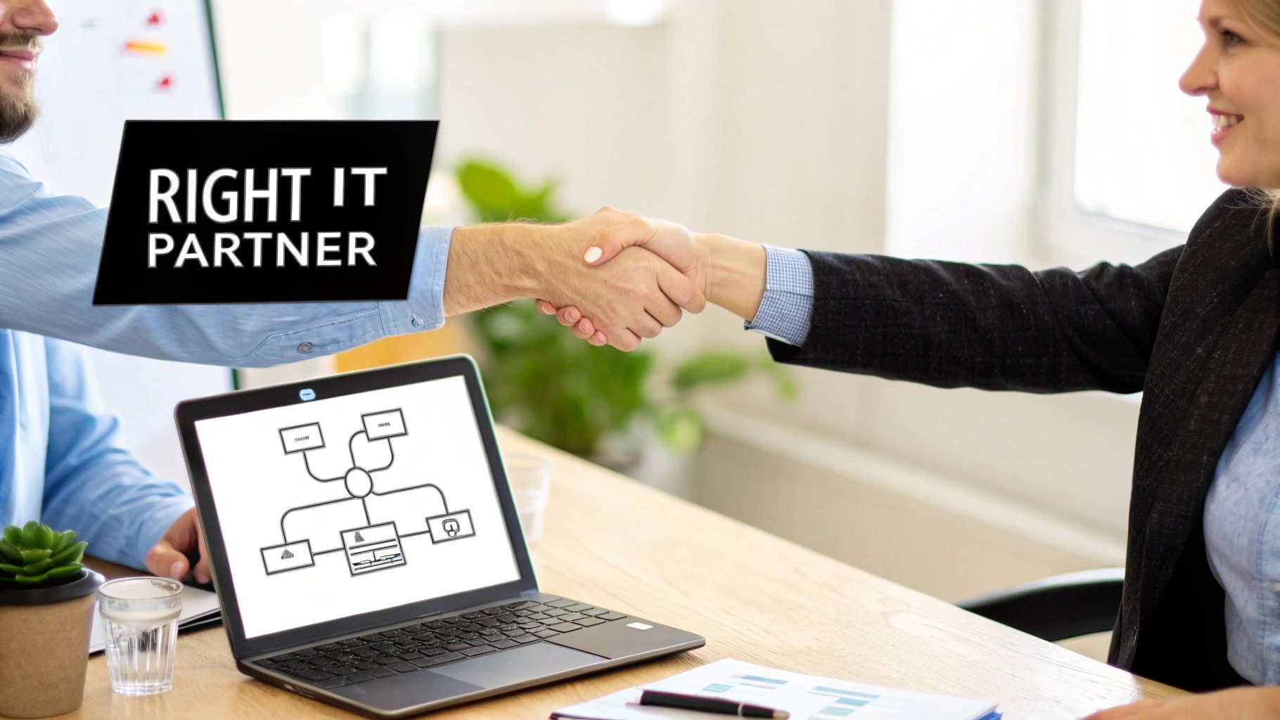 Two business partners shaking hands over a table with a laptop, symbolizing IT support.