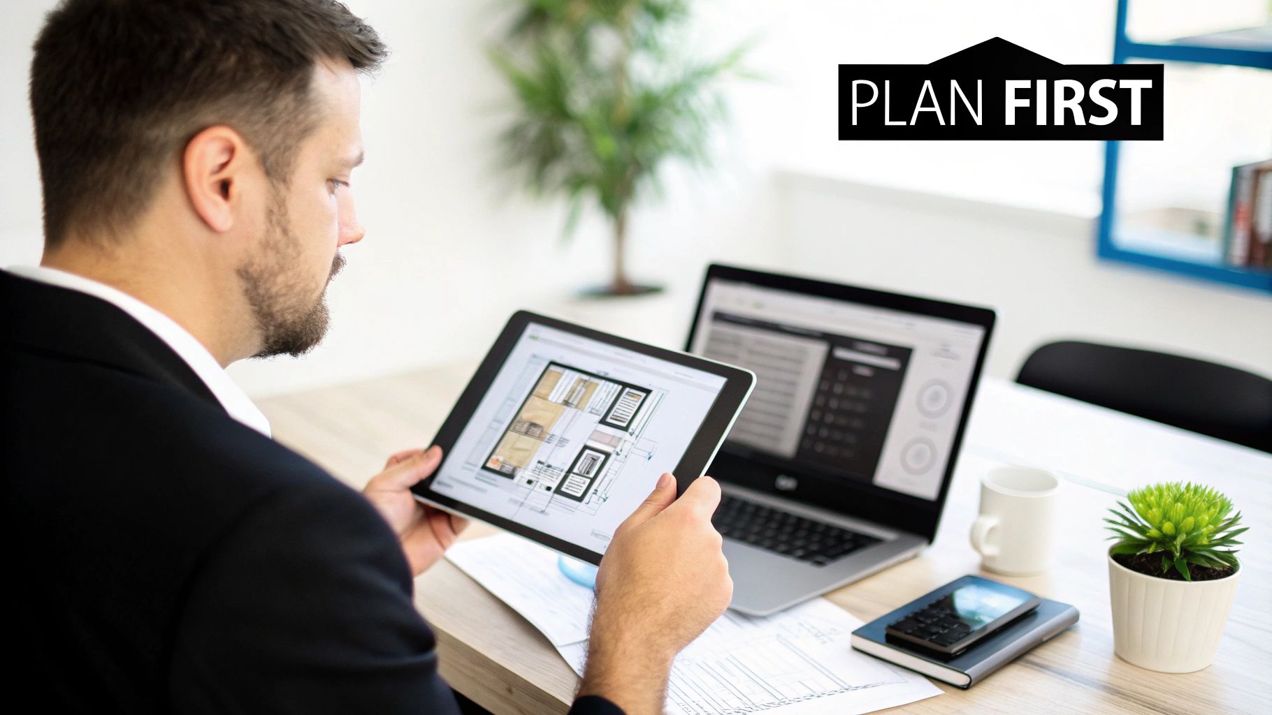 A man in a suit jacket reviews a floor plan on a tablet in an office setting.