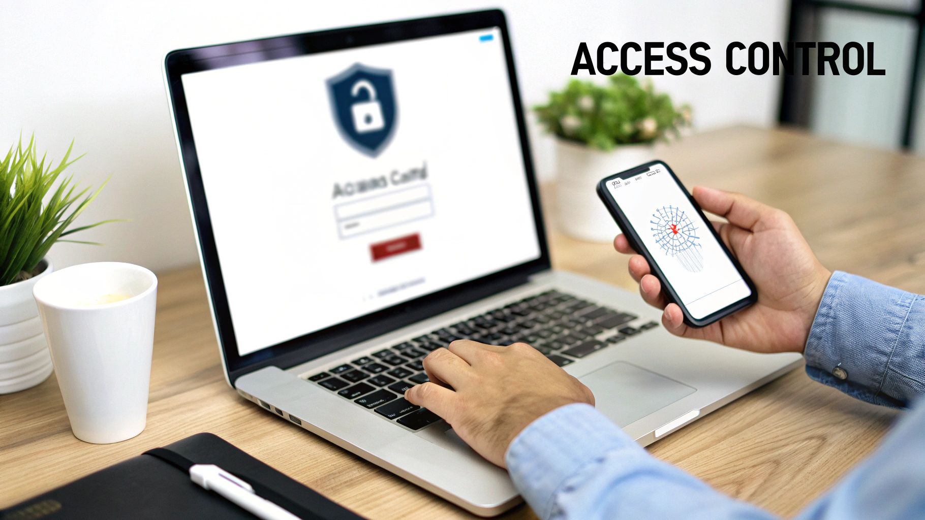 A person uses a laptop with a login screen and holds a smartphone, emphasizing access control and security.