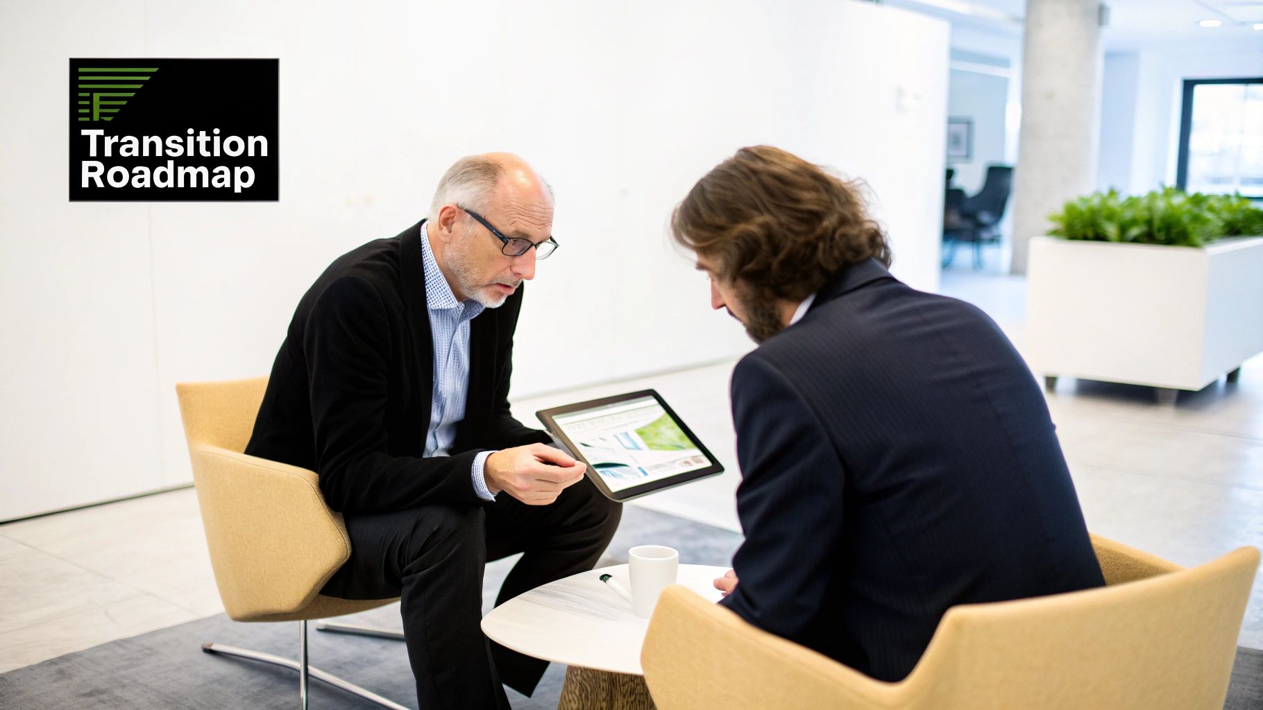 Two men discuss on a tablet during a business meeting in a modern office.