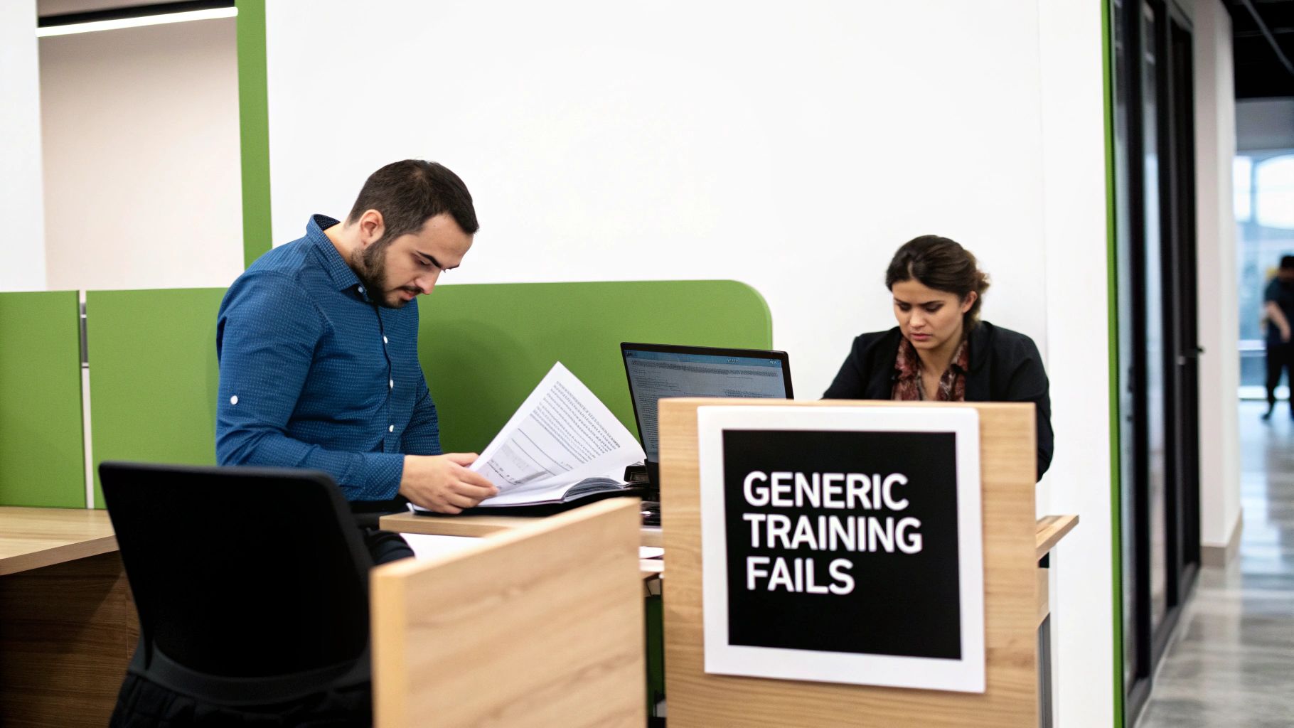 Two office workers at desks, with a prominent sign reading 'GENERIC TRAINING FAILS'.
