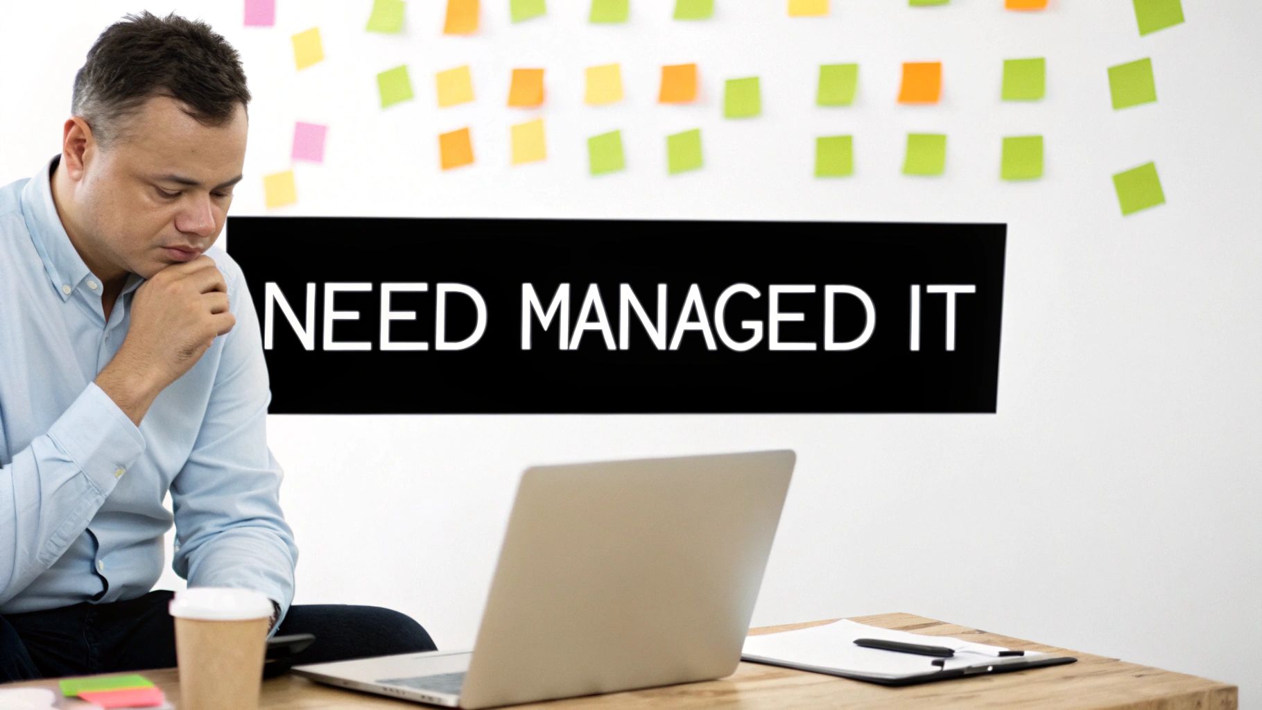 Thoughtful man working on a laptop, with "NEED MANAGED IT" banner and sticky notes.