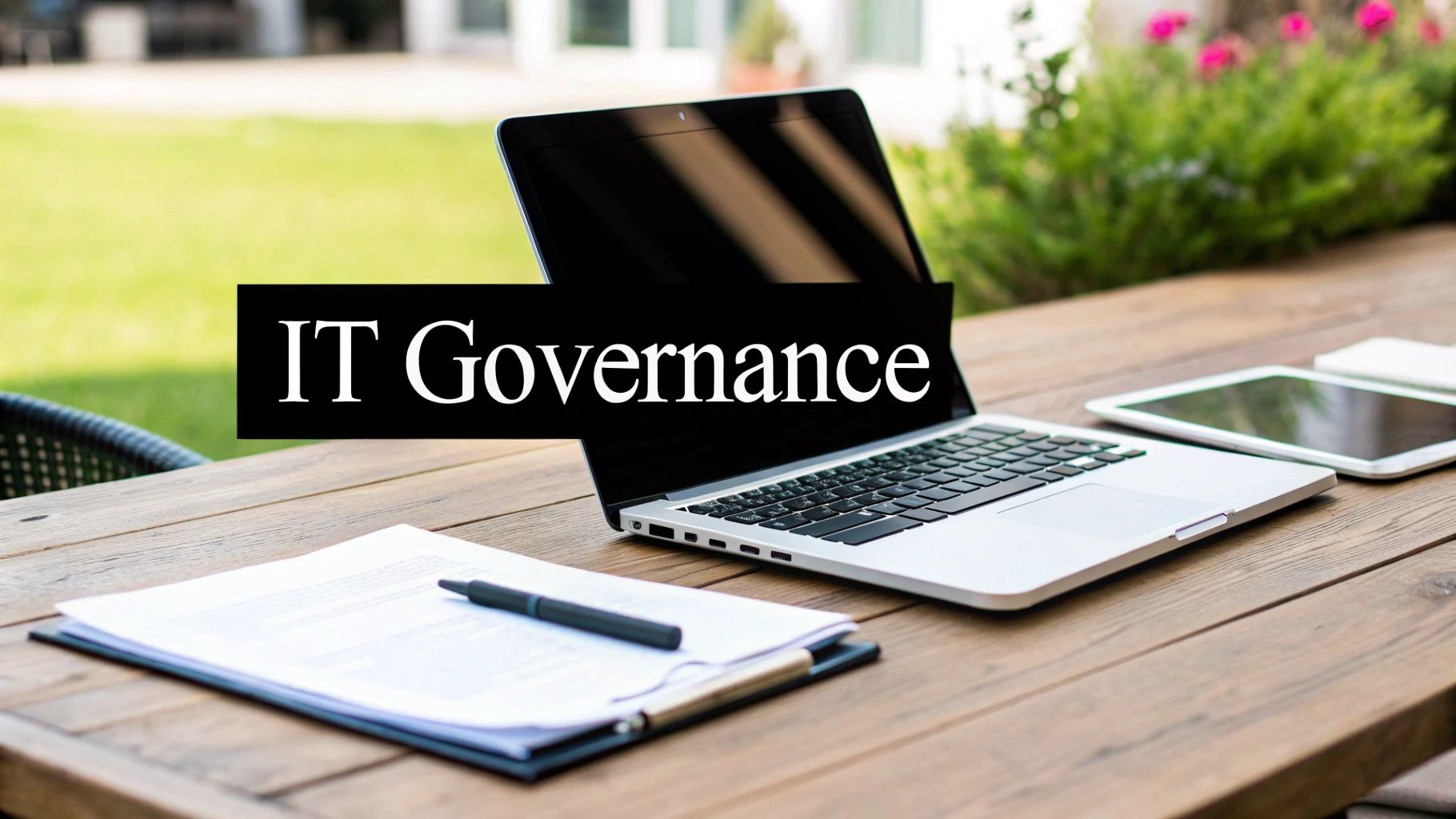 A laptop, tablet, and documents on a wooden outdoor table with "IT Governance" text overlay.