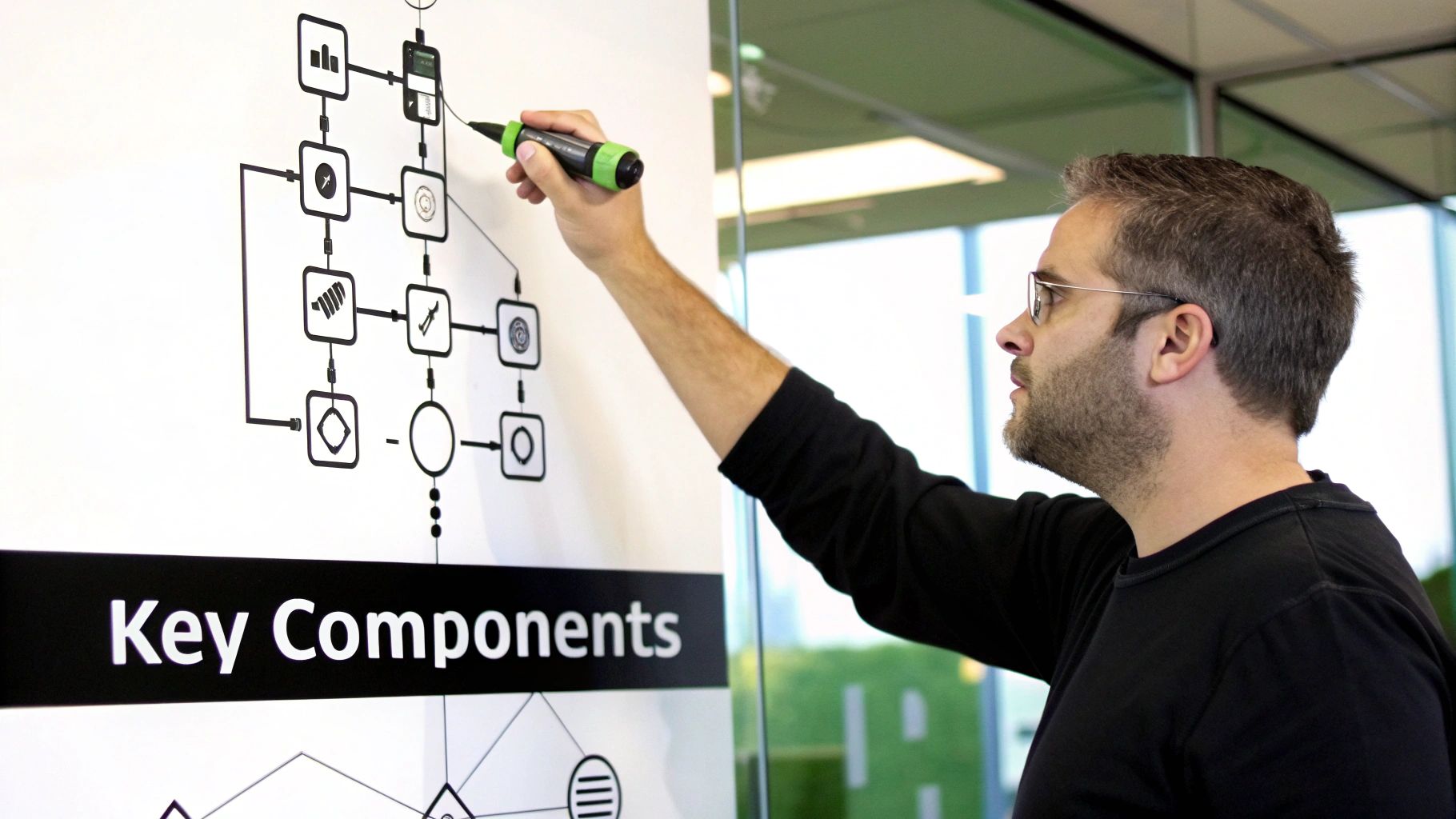 A man in glasses drawing a complex network diagram with icons and text 'Key Components' on a whiteboard.