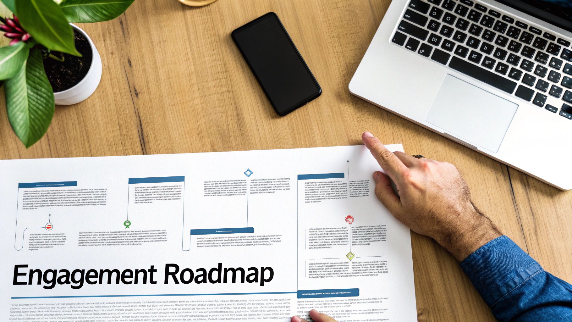 A person's hand points to an 'Engagement Roadmap' document on a wooden desk with a laptop and phone.