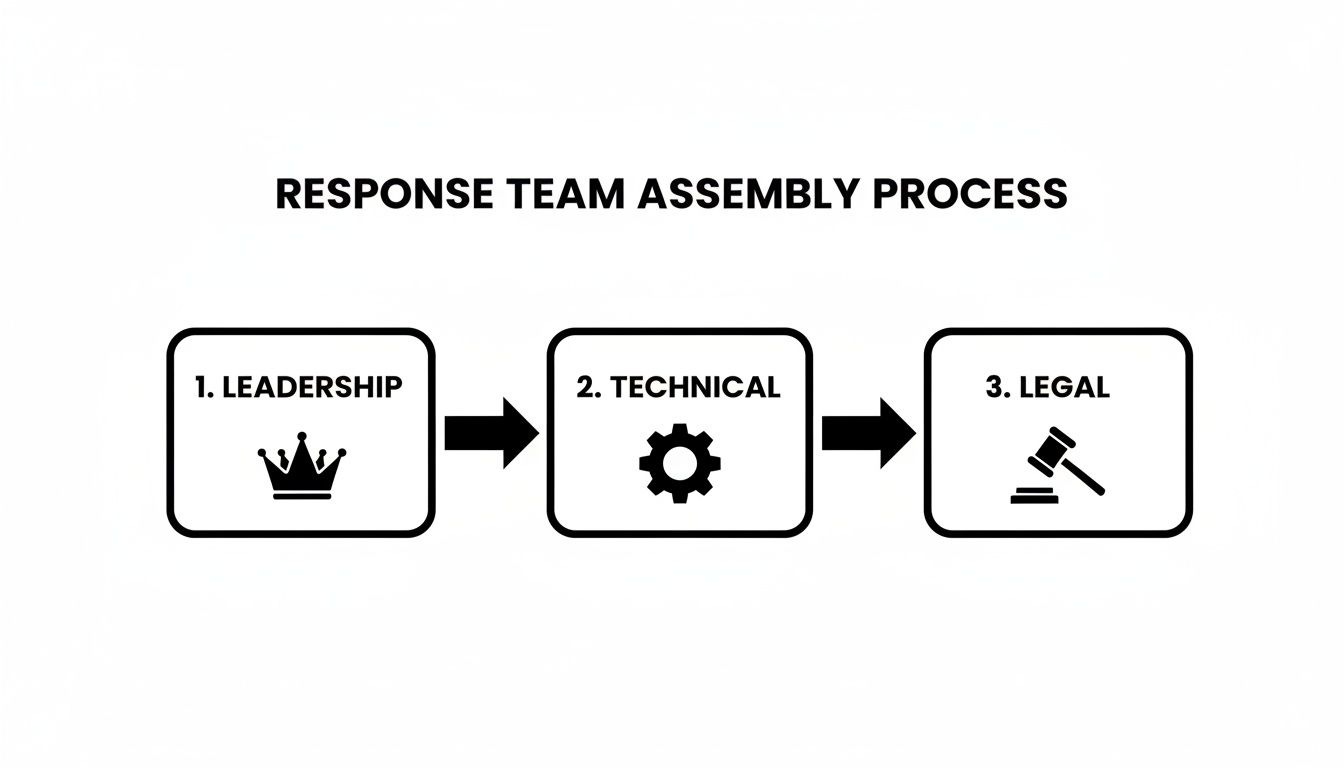 Flowchart depicting the response team assembly process, outlining leadership, technical, and legal stages.