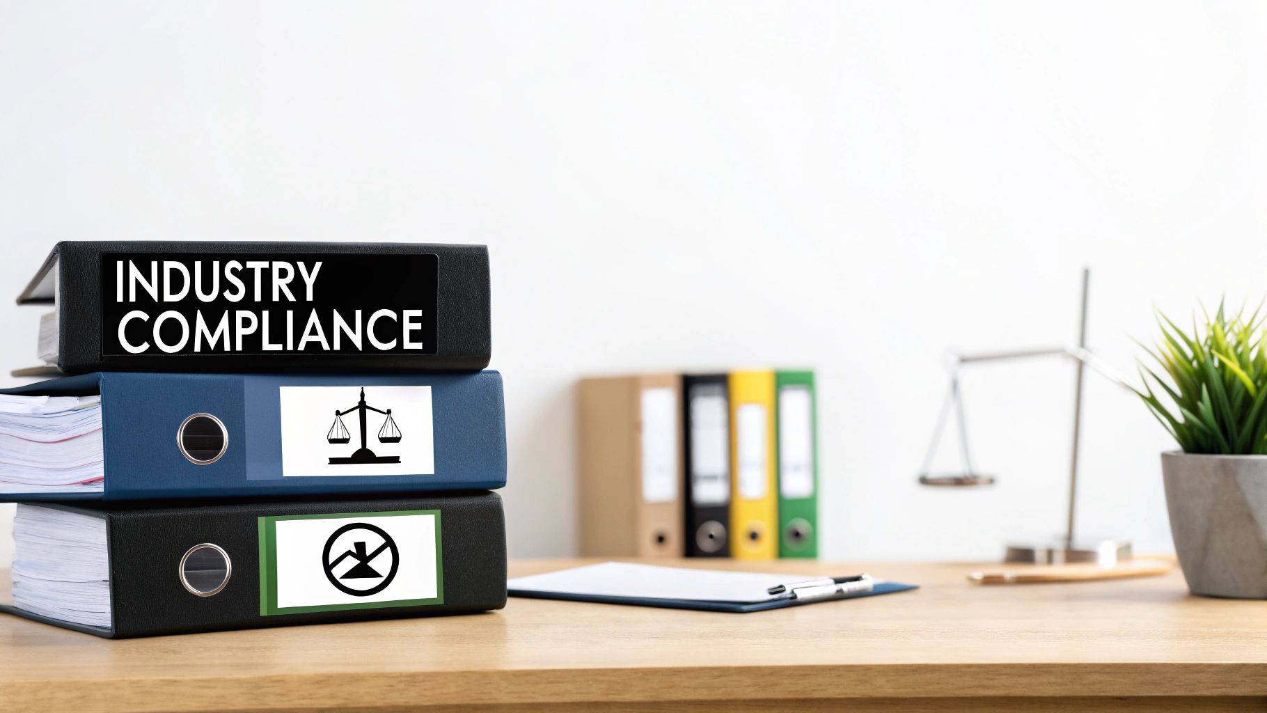 Stack of three binders on a wooden desk, the top one clearly labeled 'INDUSTRY COMPLIANCE'.