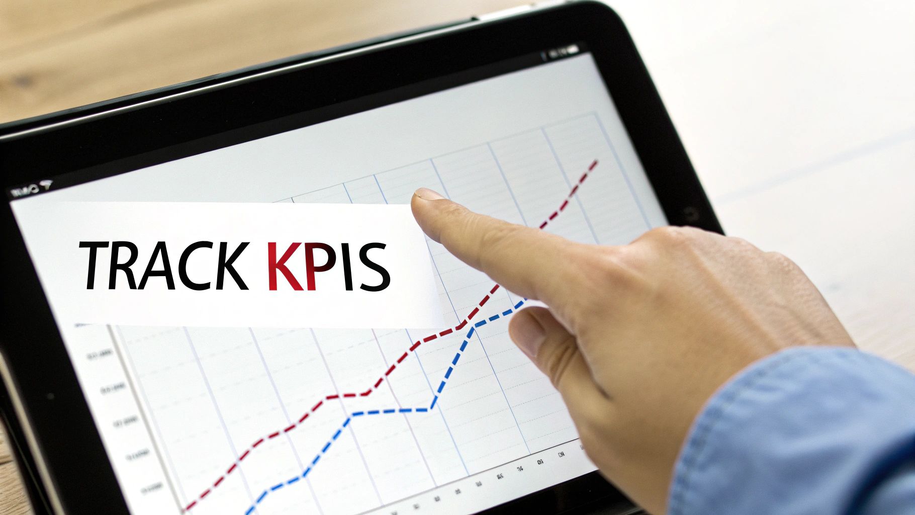 A hand points at a tablet displaying a line graph and a message 'TRACK KPIS'.