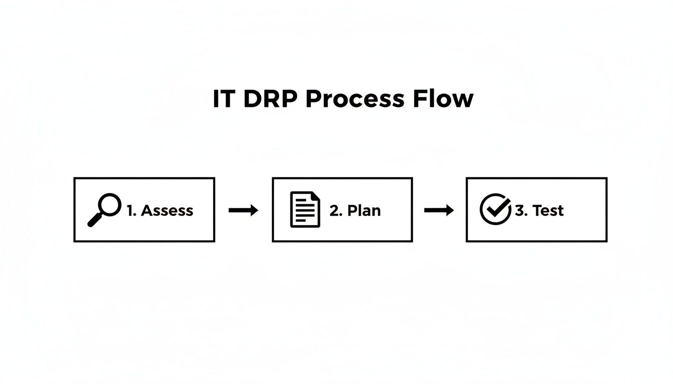 IT DRP process flow diagram illustrating three steps: Assess, Plan, and Test.