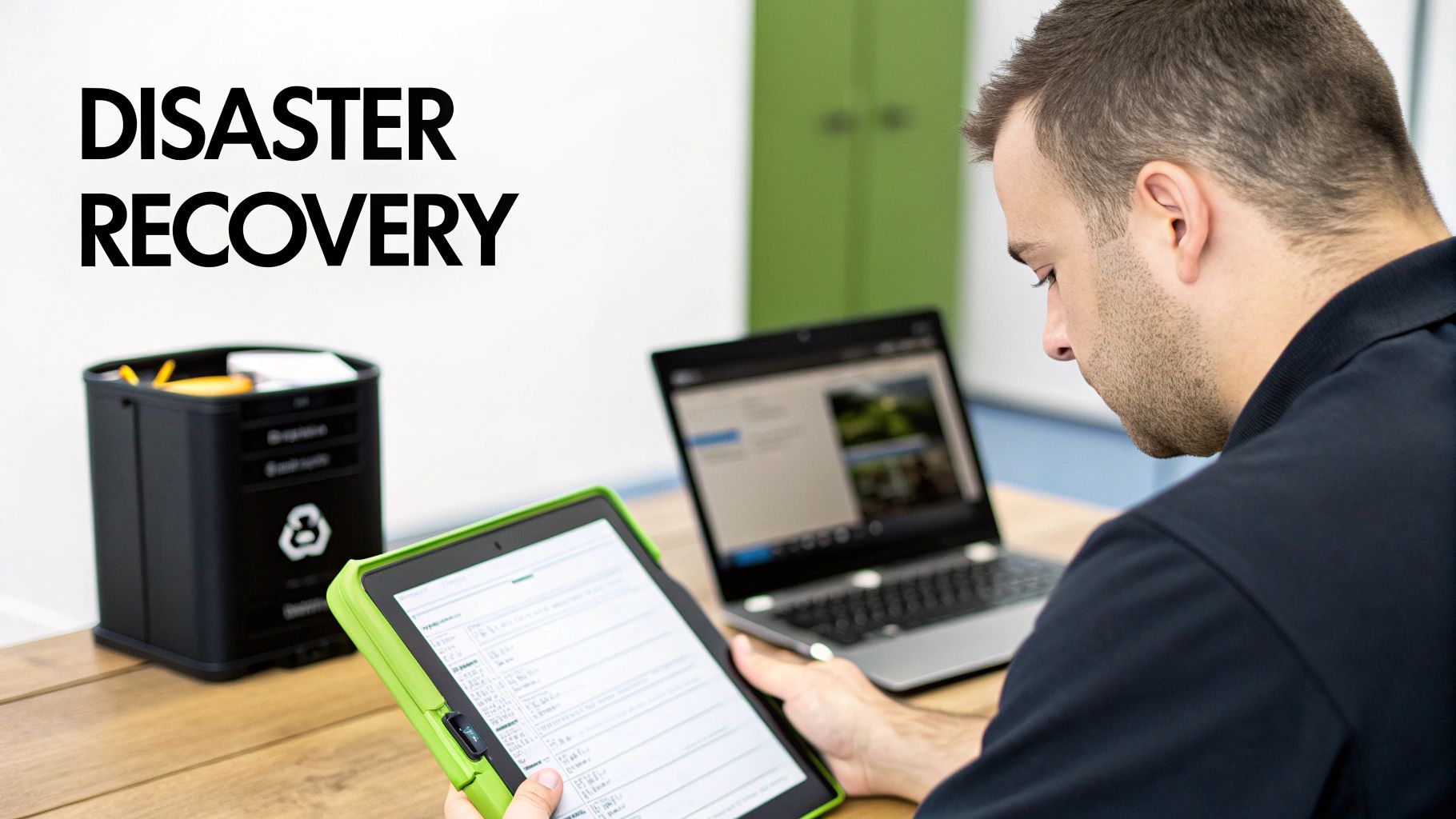 A man uses a tablet and laptop to manage disaster recovery, with a recycling bin nearby.