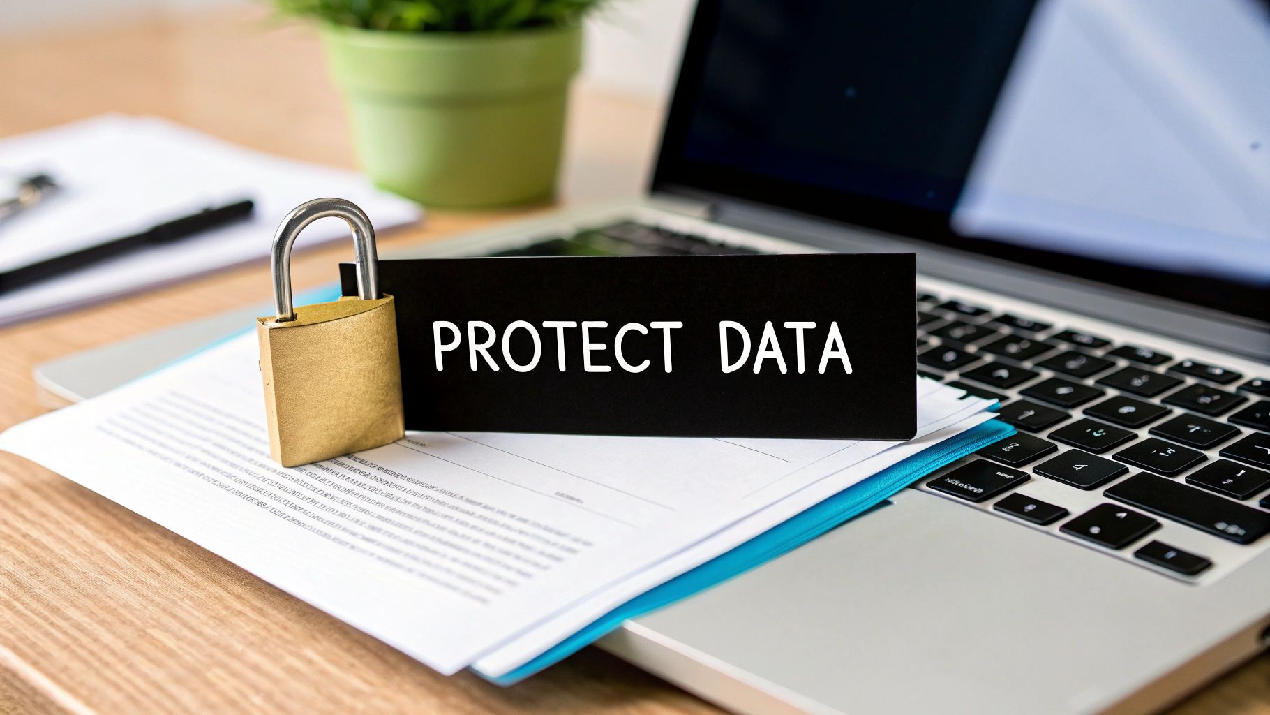 A gold padlock and a black sign with 'PROTECT DATA' on documents next to a laptop.