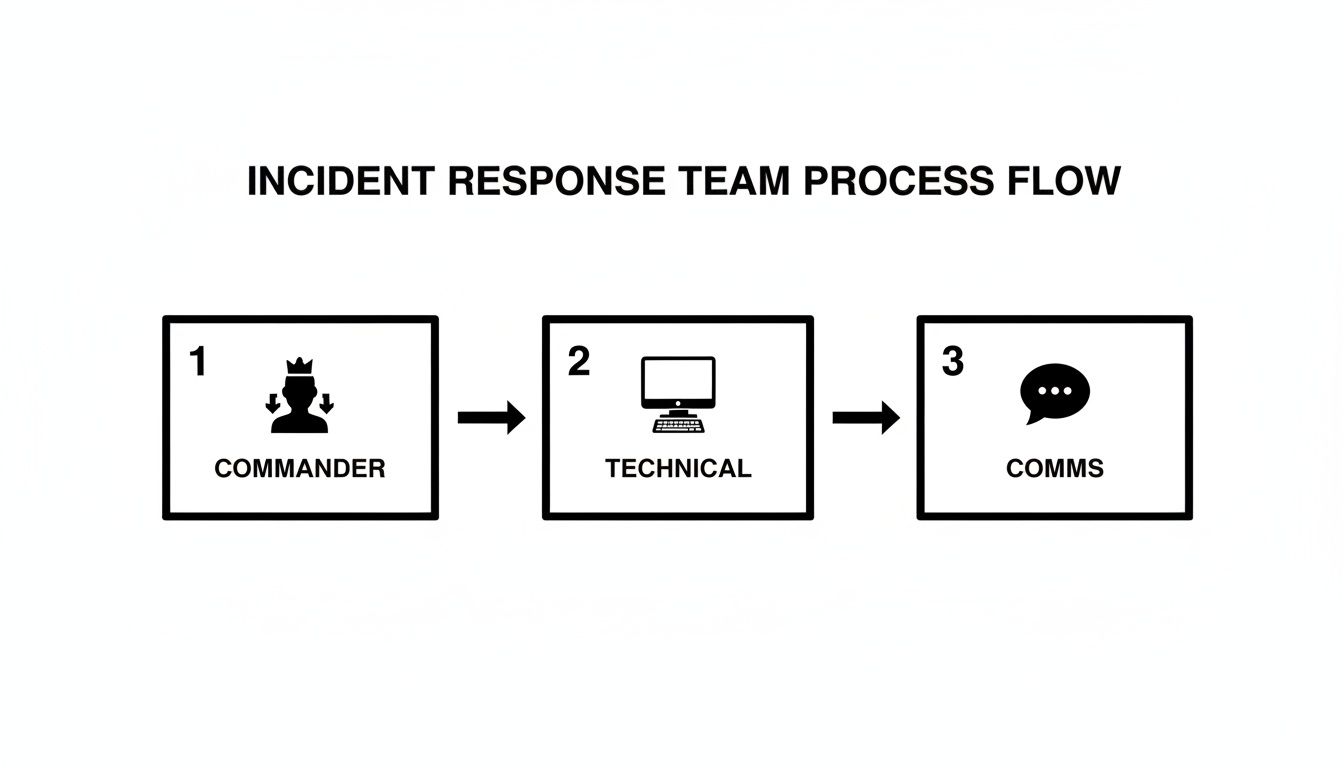 A simple incident response team process flow diagram showing Commander, Technical, and Comms steps.
