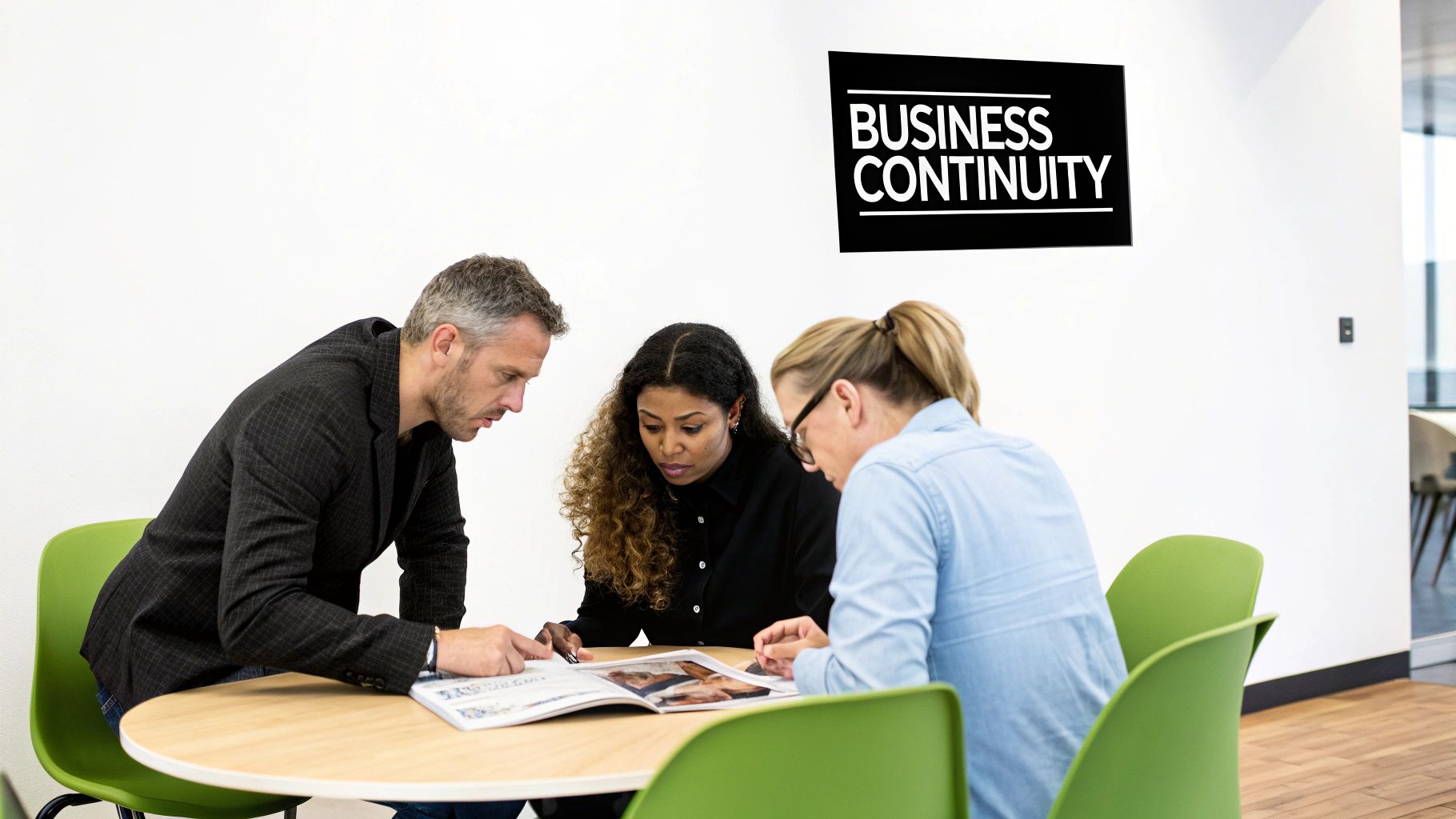 Diverse team collaborating on a business continuity plan in a modern office environment.