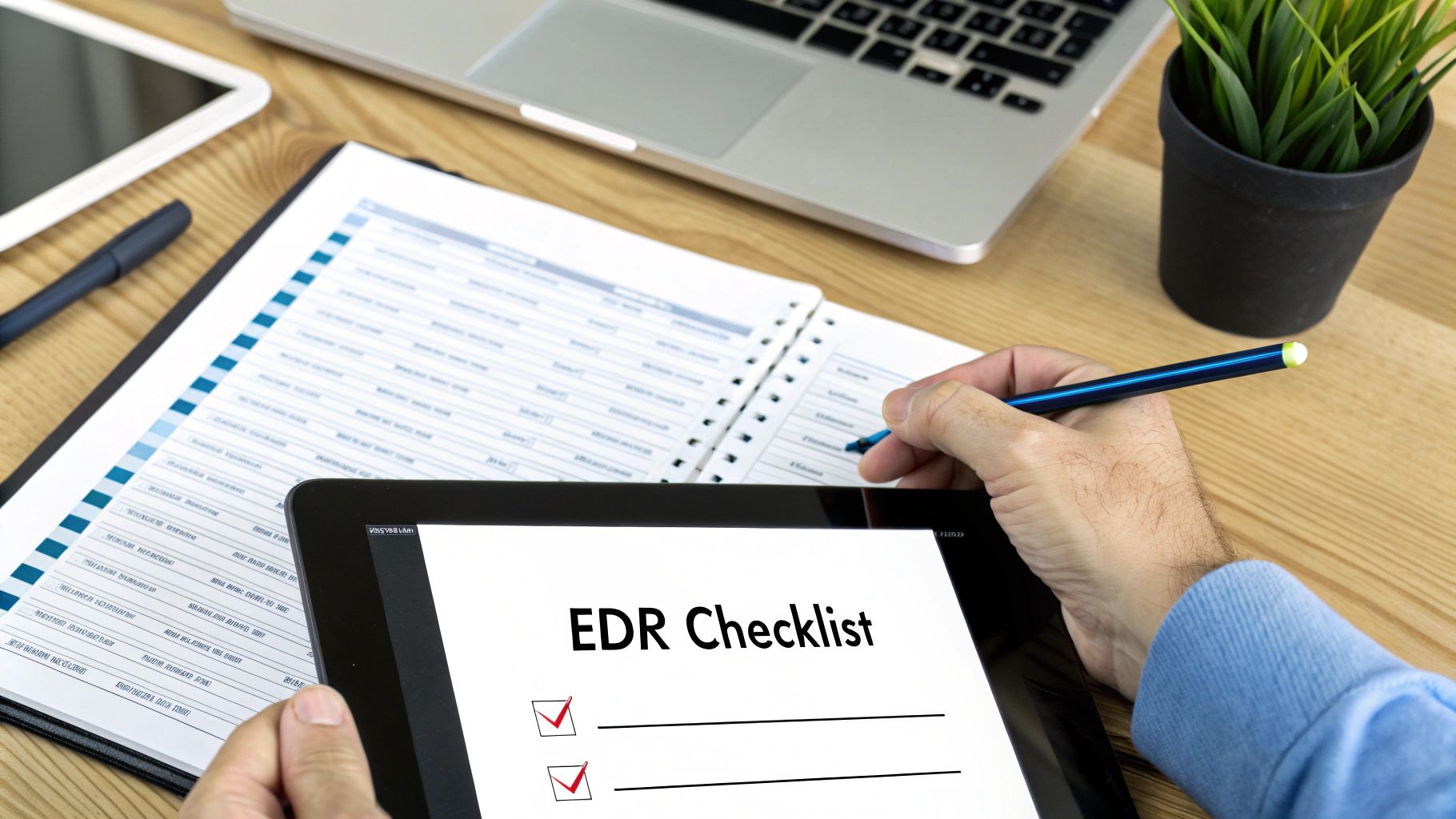 Person's hands holding a tablet displaying an EDR Checklist, working at a wooden desk with documents.