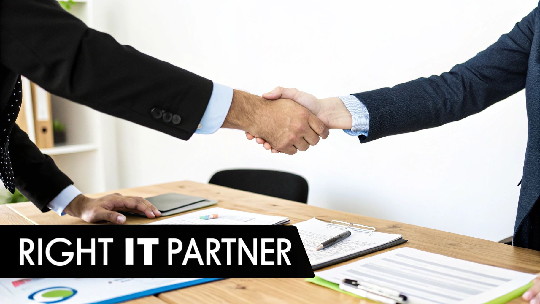 Two business professionals in suits shake hands over a wooden desk with documents, symbolizing an IT partnership.