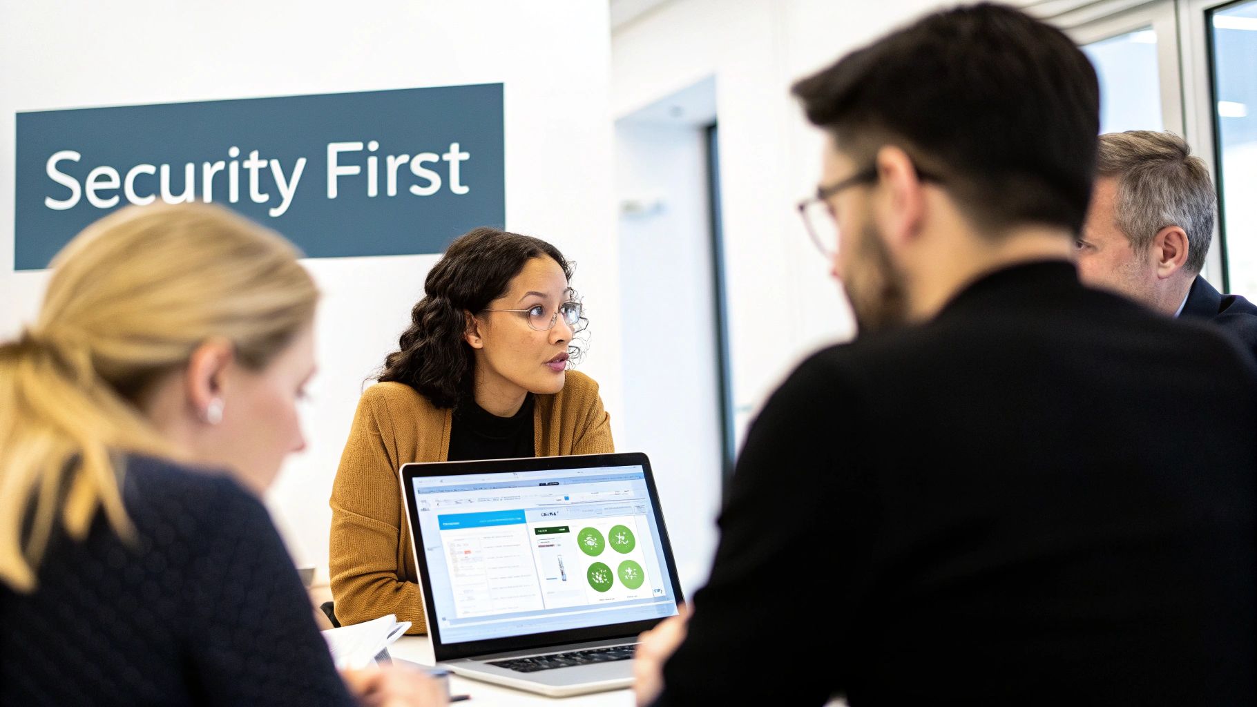 A diverse group discusses cybersecurity strategy, with a "Security First" sign and laptop displaying security data.