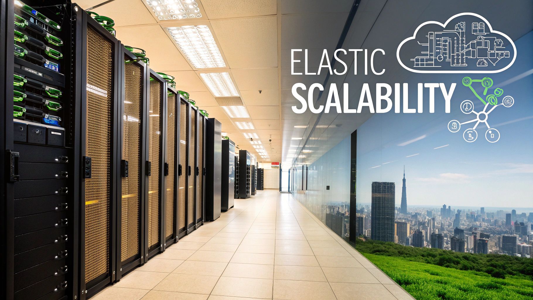 Data center servers contrasting with cloud computing concepts over a city skyline, representing elastic scalability.