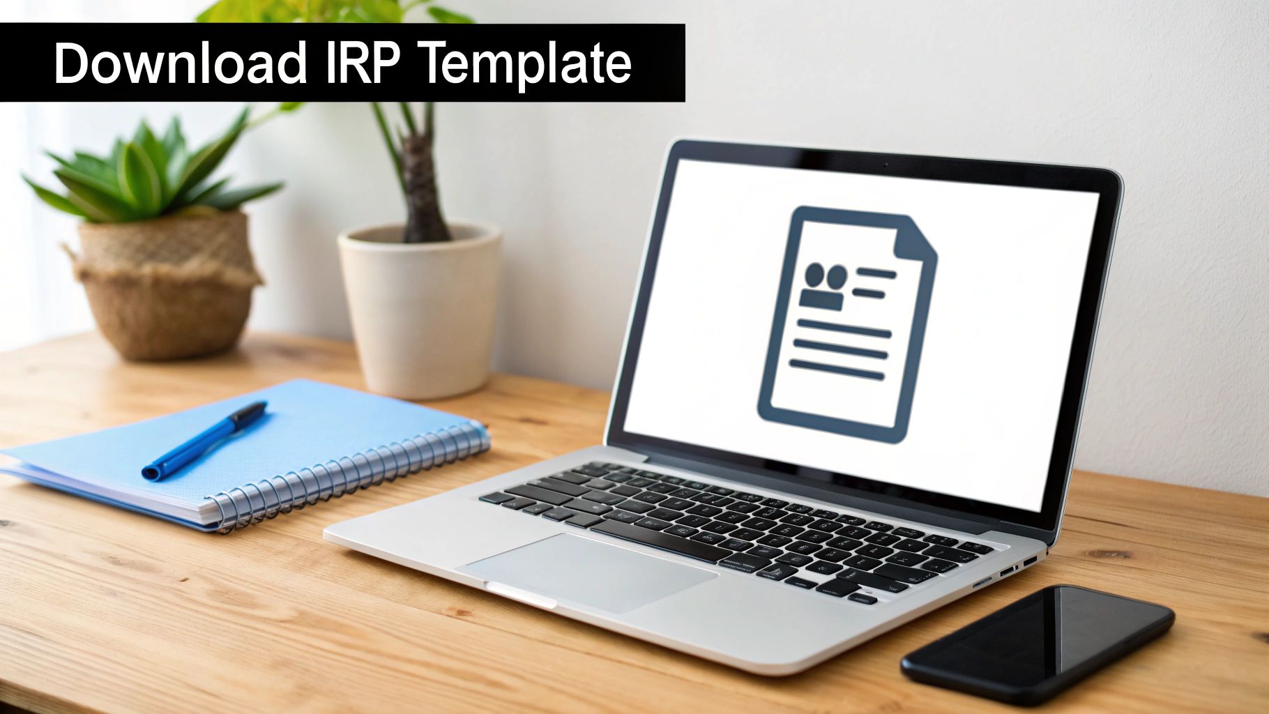 A desk setup with a laptop displaying a document icon, a notebook, a pen, and potted plants.