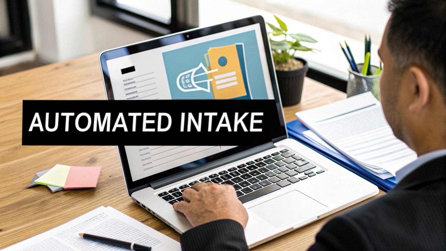 Man working on a laptop at a desk with 'AUTOMATED INTAKE' banner and office items.