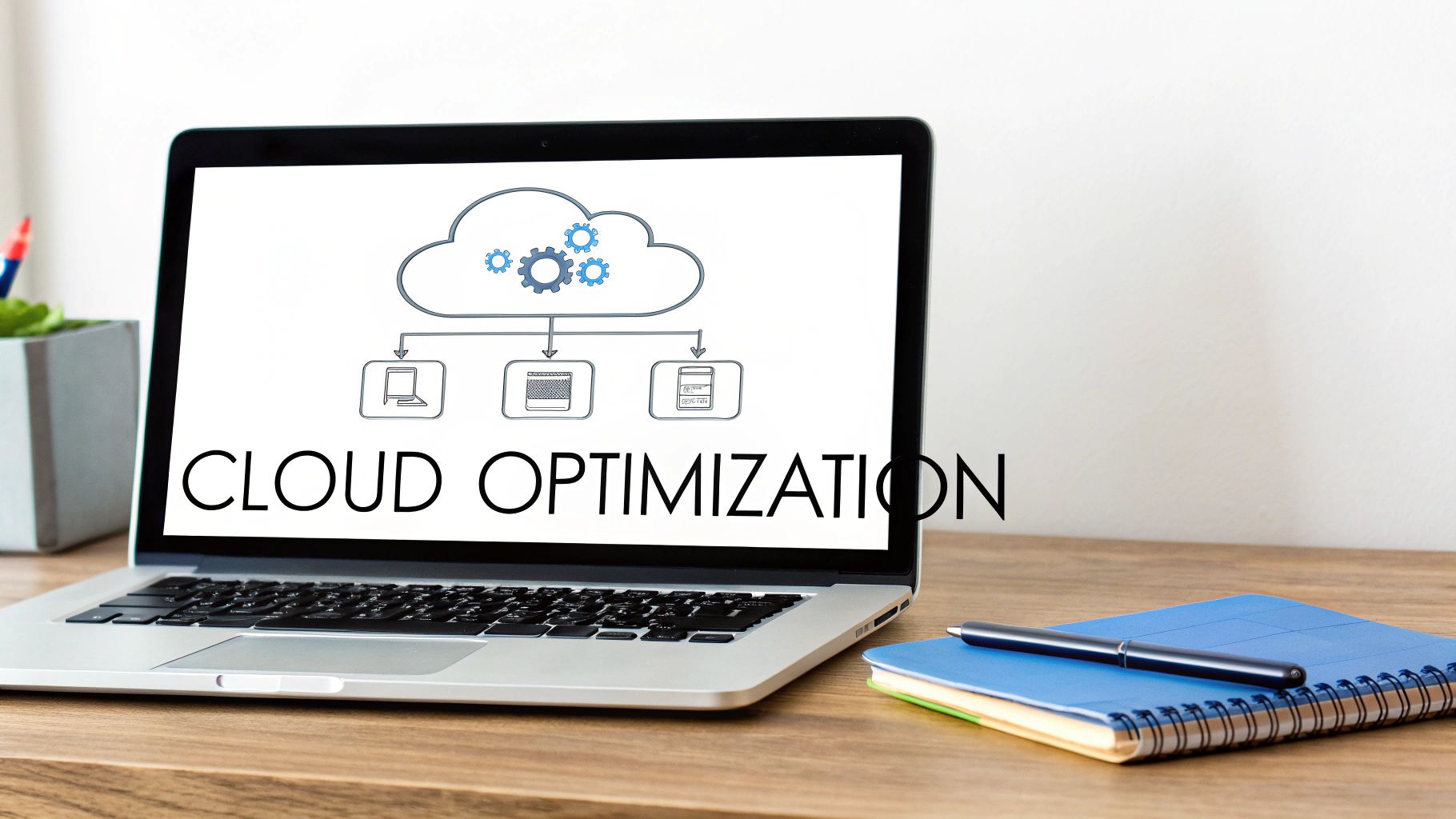 A laptop displaying a 'CLOUD OPTIMIZATION' diagram with a cloud icon and connected devices on a wooden desk.