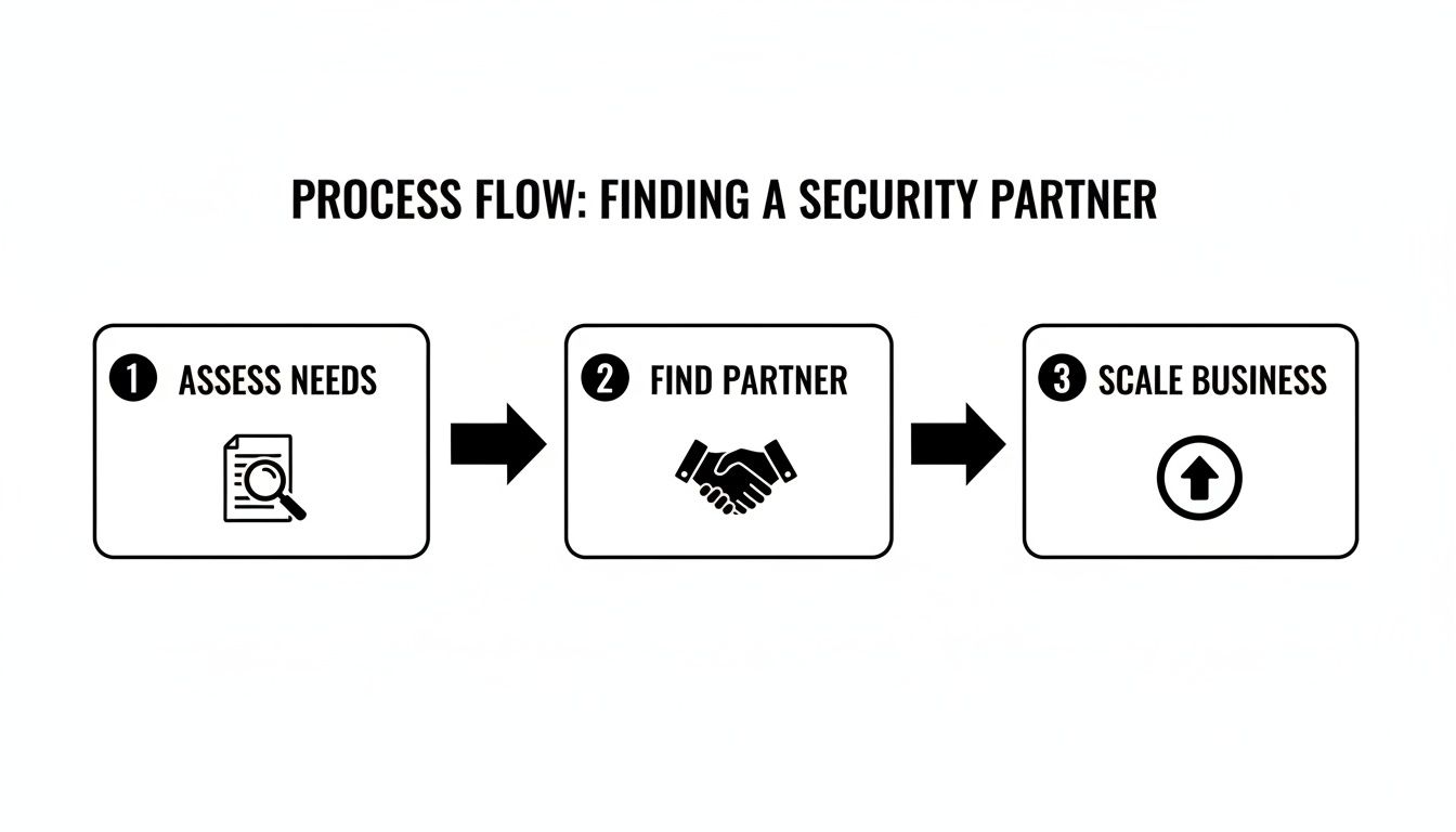 Process flow diagram outlining three steps: Assess Needs, Find Partner, and Scale Business.