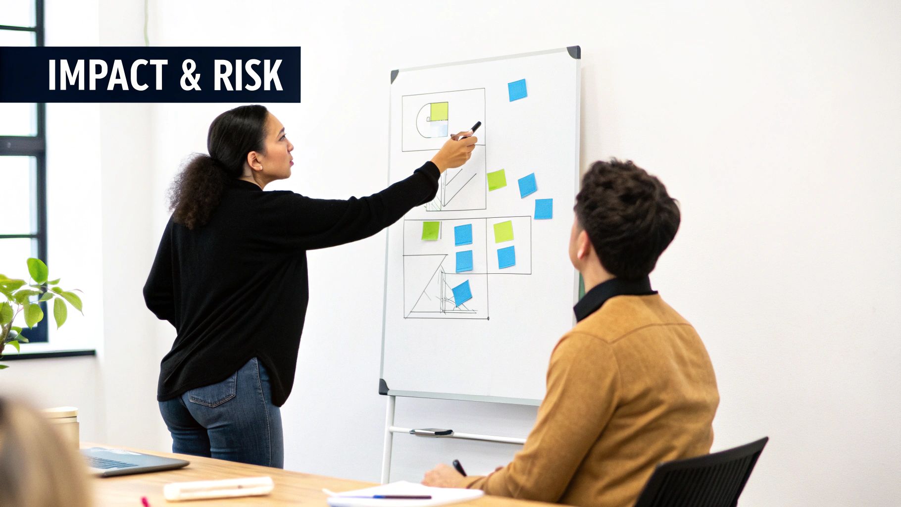 A woman points at a whiteboard with sketches and sticky notes during a business meeting, observed by a man.