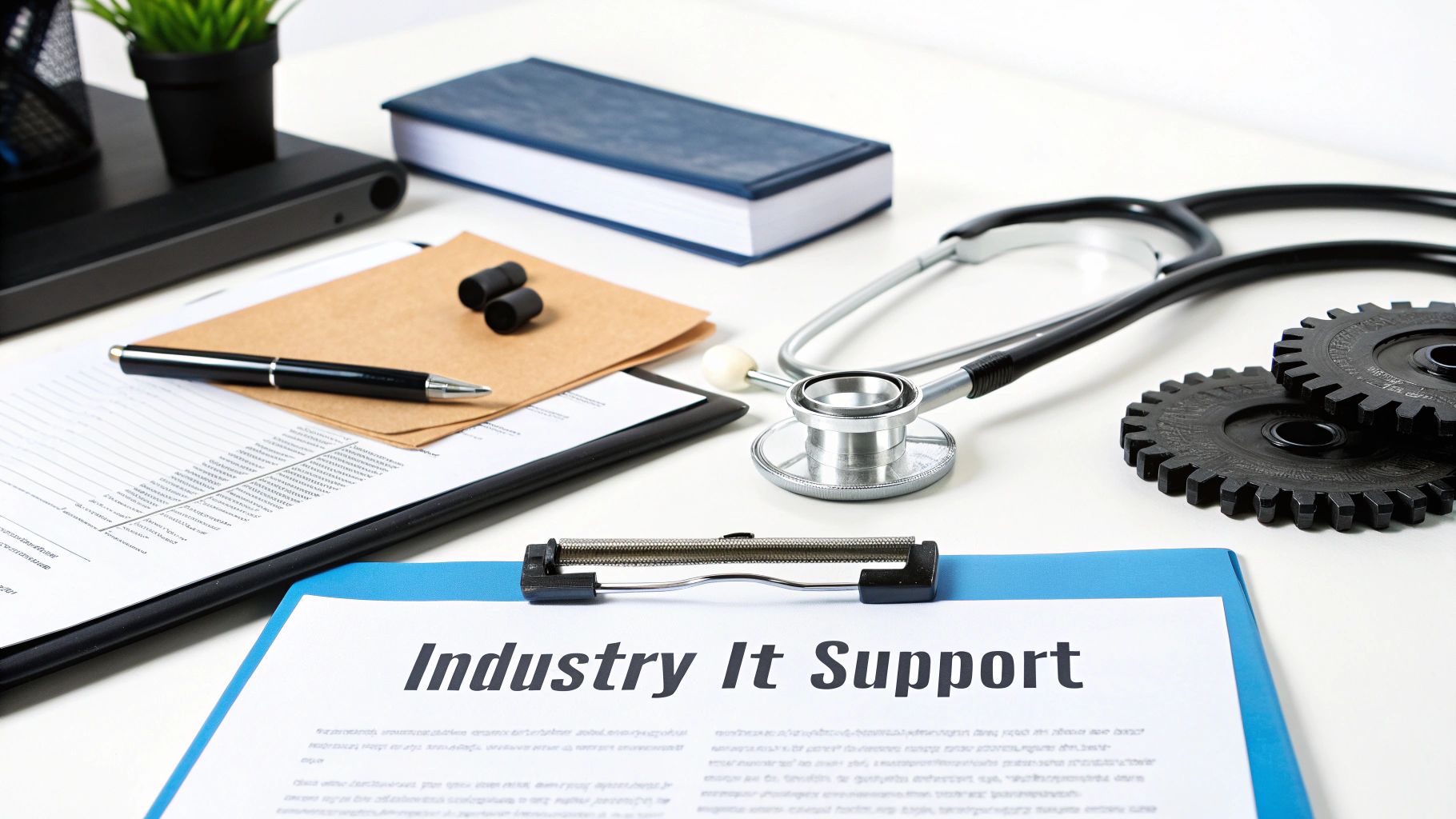 A desk with a clipboard displaying 'Industry It Support', stethoscope, gears, and office supplies.