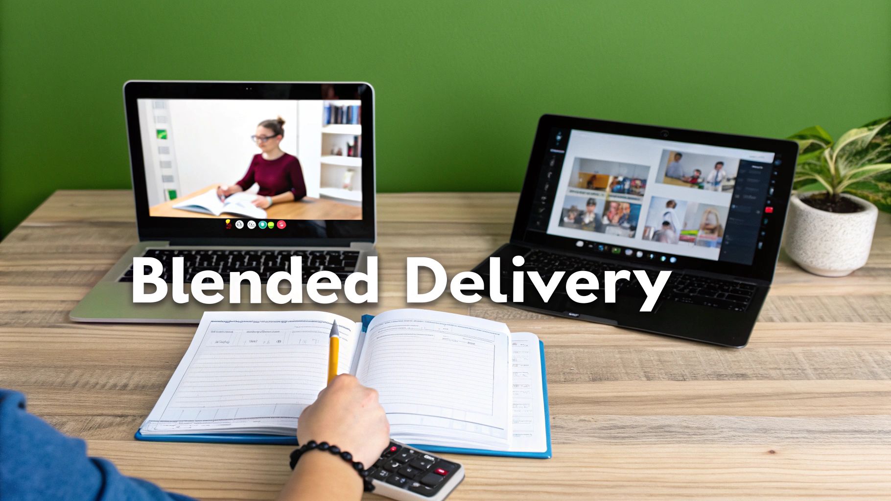 A person studies at a desk with two laptops, one showing a video call, illustrating blended delivery.