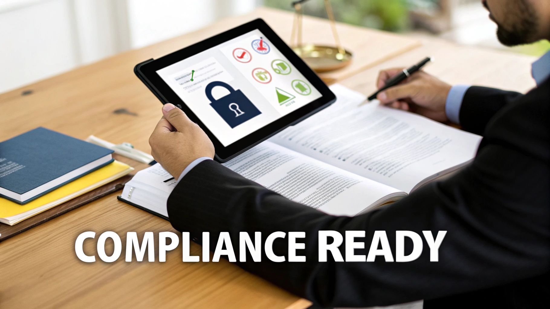 A professional reviews legal documents and a tablet displaying compliance and security status.