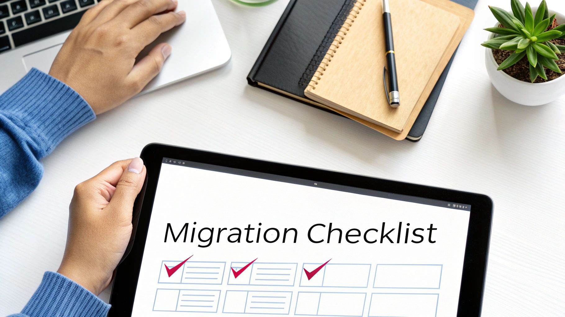 A person uses a tablet displaying a 'Migration Checklist' with checked items, next to a laptop and notebook.