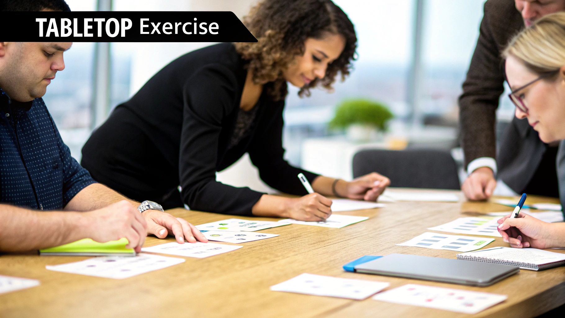 Diverse team members engaged in a tabletop exercise, actively writing during a planning session.