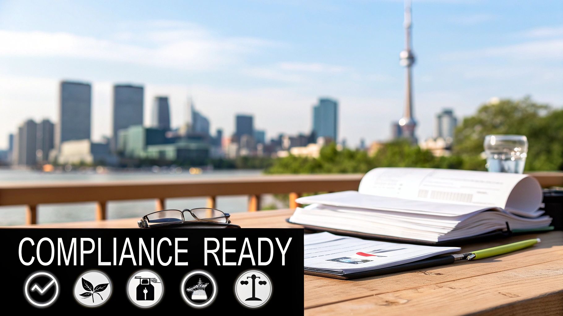 Outdoor workspace with 'COMPLIANCE READY' text, documents, glasses, and Toronto cityscape.