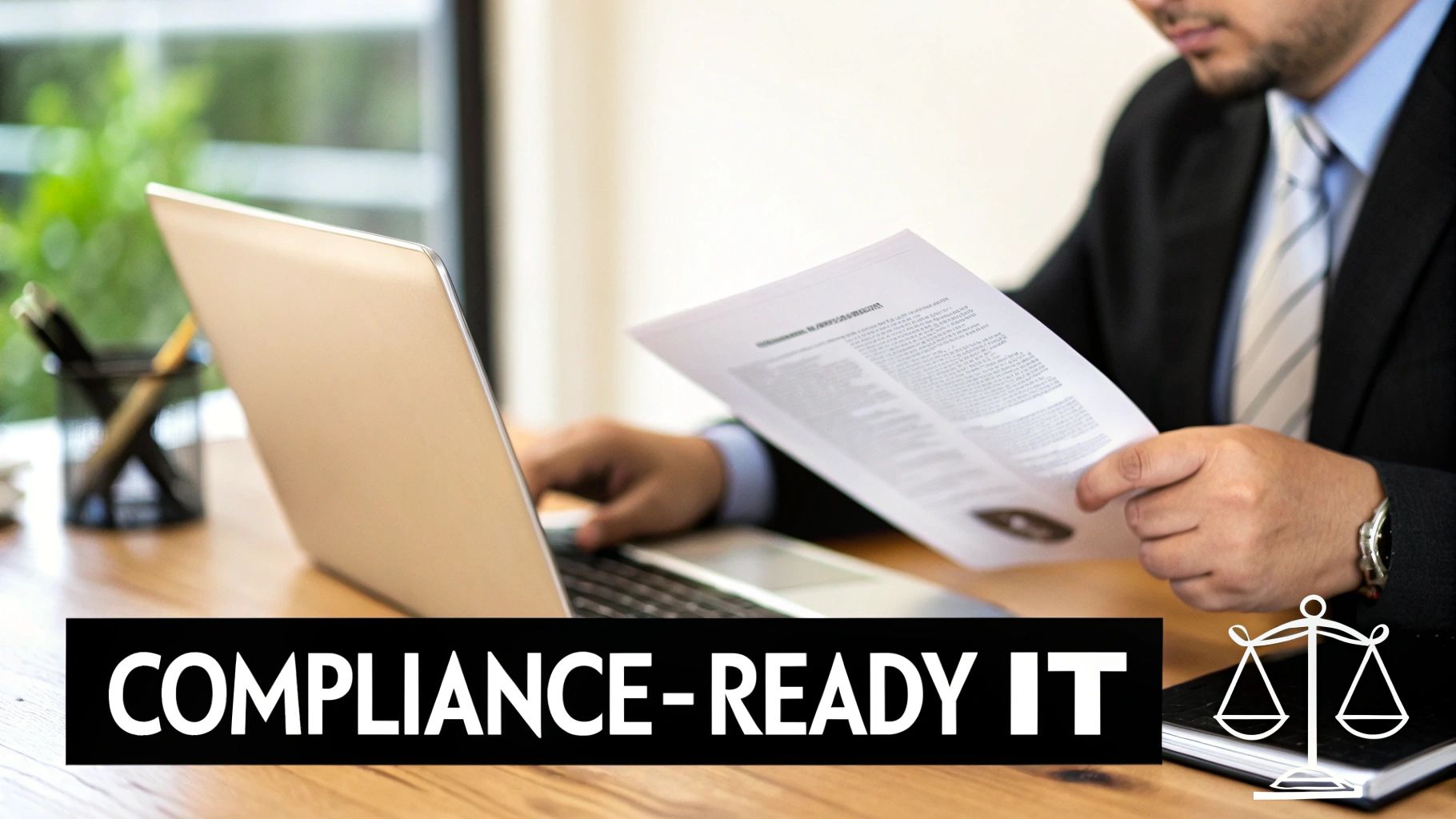A businessman reviews a document while working on a laptop, emphasizing IT compliance.