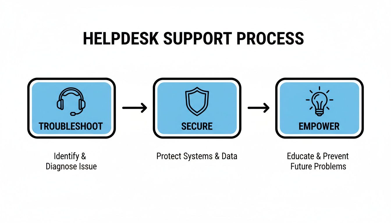 A helpdesk support process flowchart with steps: Troubleshoot, Secure, and Empower with descriptions.